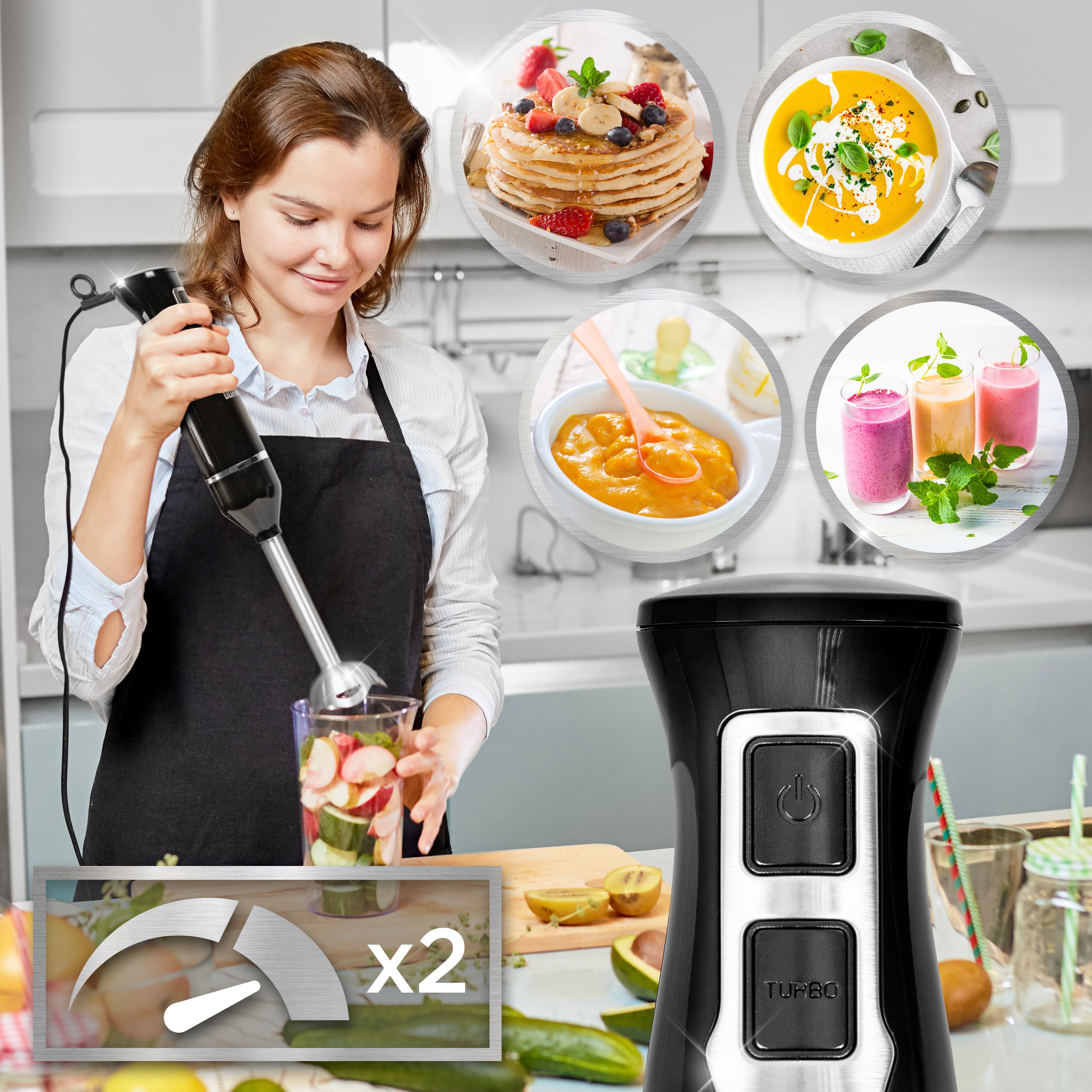 Duronic HB35 350W Electric Hand Blender Set - Immersion Stick, Whisk, Masher, 0.6L Smoothie Cup, Vegetable Spiralizer & Mini Food Chopper - Perfect for Baby Food, Purees, Soups & Healthy Smoothies at Home