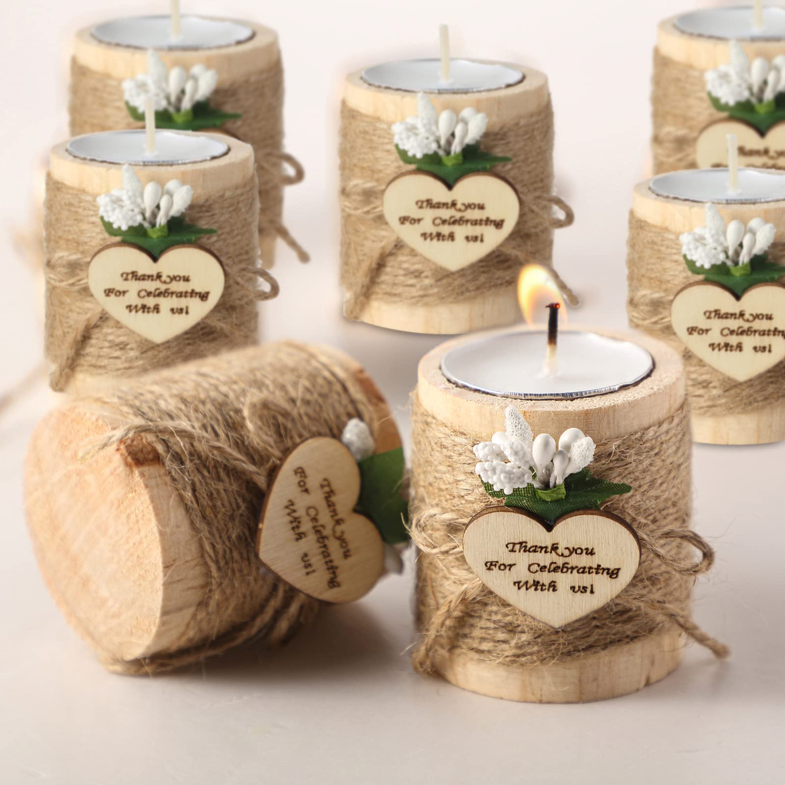 12 Pcs Wooden Tealight Candle Holders Set - Rustic Natural Wood Cylinder Tea Light Holders with Candles for Wedding, Baby Shower, Bridal Party Favors & Home Decor - Perfect for Centerpieces, Table Settings & Romantic Ambiance
