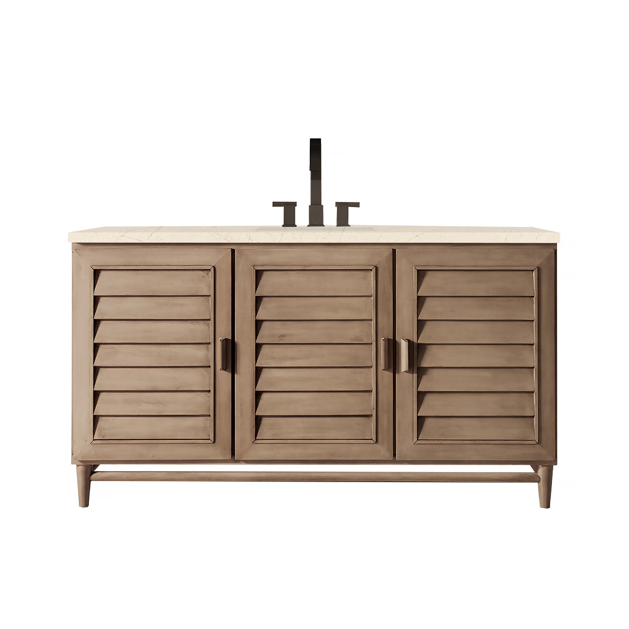 Portland 60 Inch Single Bathroom Vanity with Whitewashed Walnut Finish & 3CM Eternal Marfil Quartz Countertop - Perfect for Modern Farmhouse, Coastal, or Transitional Bathroom Designs