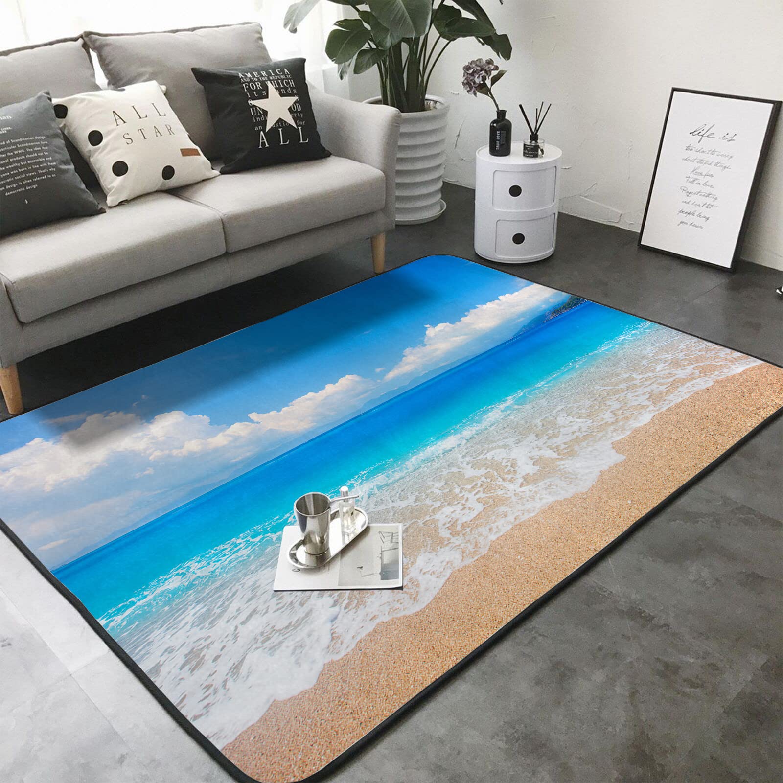 Washable Non-Slip Sponge Rug Pad - Super Soft Extra Thick Floor Mat for Kids Bedroom, Living Room, Bathroom & Dorm | Tropical Beach Waves Design | Perfect for Indoor Home Decor, Play Areas & Cozy Spaces