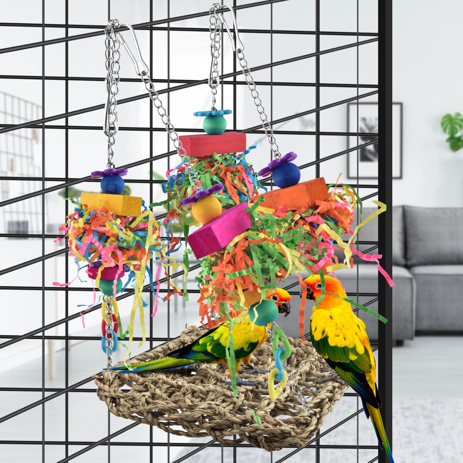 KATUMO Conure Bird Toys - Colorful Parrot Climbing Hammock & Grass Swing Mat for Parakeets, Cockatiels, Sun Conures, Lovebirds, Budgies | Perfect for Cage Play, Exercise & Mental Stimulation of Small Pet Birds