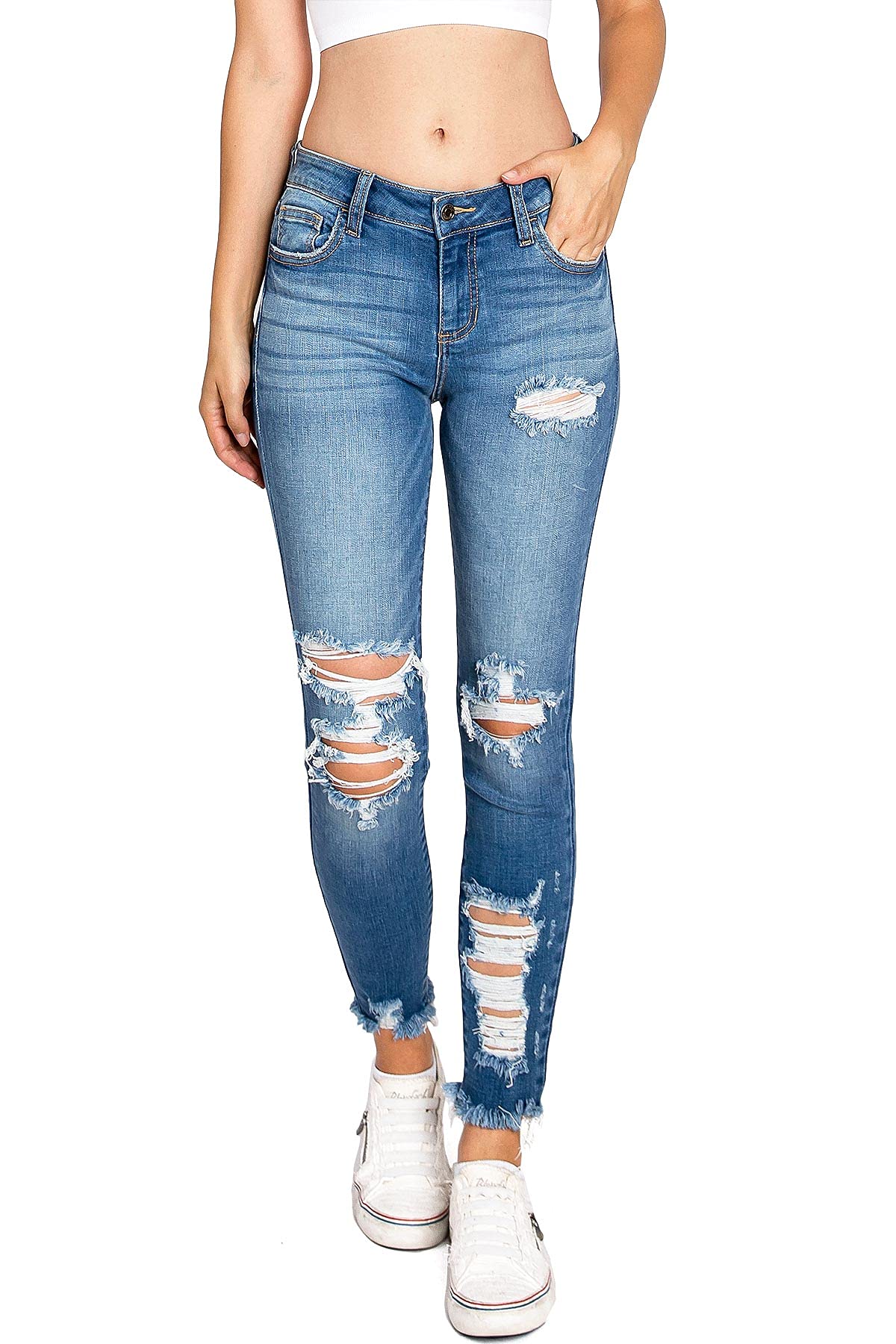 Cello Women's Distressed Skinny Jeans - Mid Rise Stretch Denim Pants for Juniors | Casual Wear, Night Out, Everyday Fashion