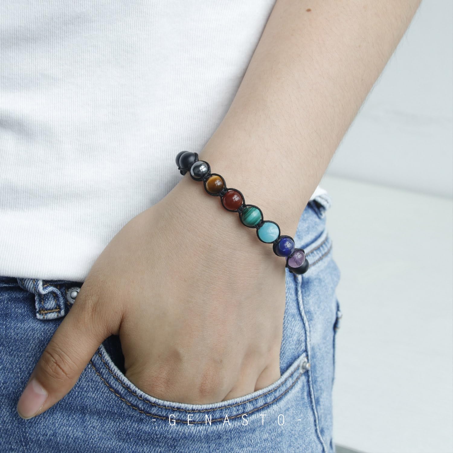 7 Chakra Bracelet with Genuine Healing Stones - GENASTO Yoga Meditation Bracelet for Men & Women, Real Crystal Beaded Wristband for Energy Balance, Stress Relief & Spiritual Wellness - Perfect for Yoga, Meditation & Daily Wear