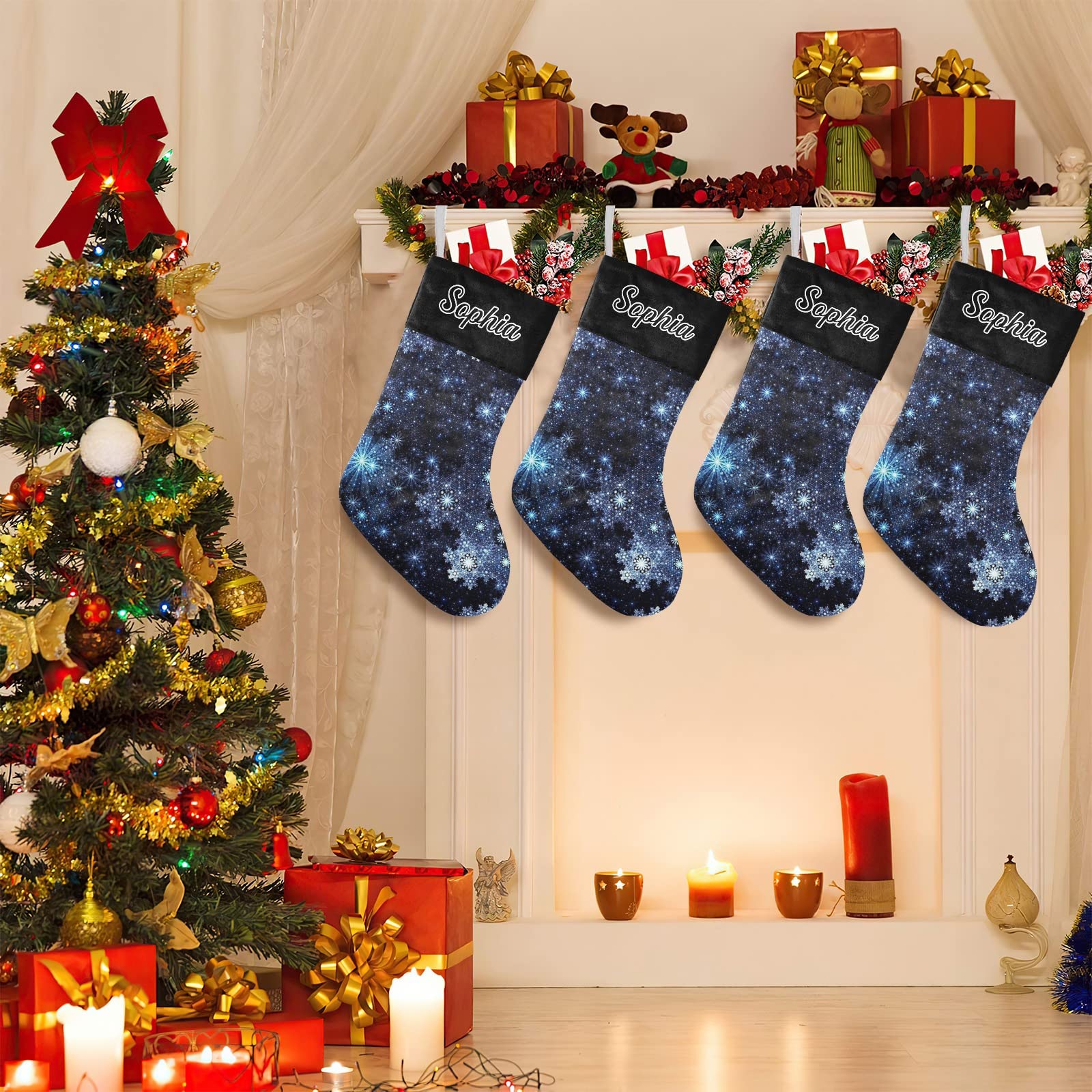 Personalized Winter Blue Snowflake Christmas Stocking - Custom Name Xmas Stockings for Family, Wedding & Party Decor (17.52 x 7.87 Inch) - Perfect for Fireplace Mantel, Gift Exchange & Holiday Home Decoration