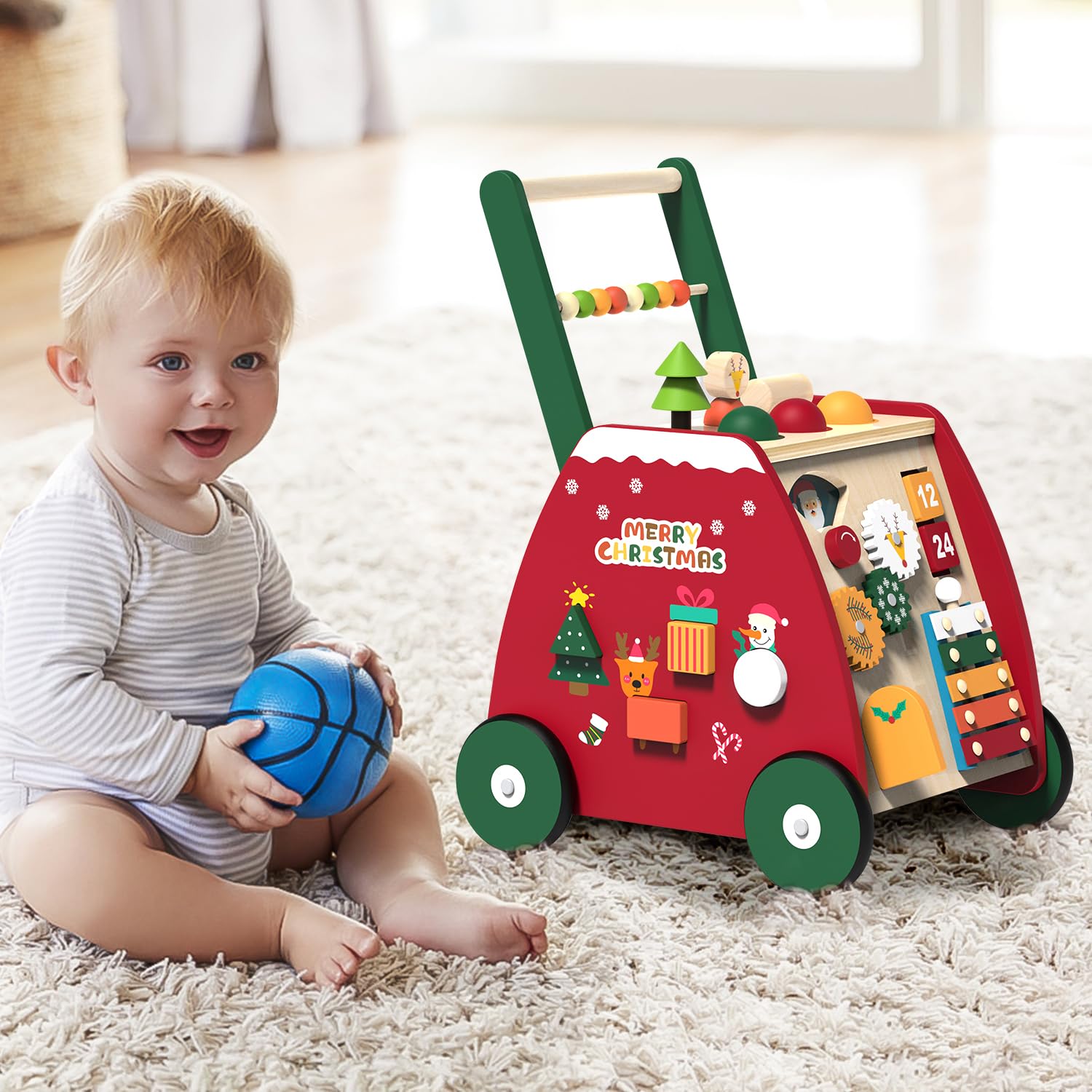 Wooden Baby Walker with Wheels - Montessori Push Walker Toy with Activity Center for Toddlers Learning to Walk (1-3 Years Old) - Perfect First Birthday Gift for Boys & Girls - Encourages Early Walking & Developmental Play in Nursery, Playroom or Daycare