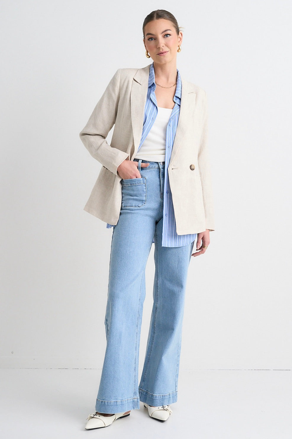 Atlas Natural Linen Double Breasted Blazer for Women | Slim Fit Business Casual Jacket | Perfect for Office, Weddings & Summer Outfits