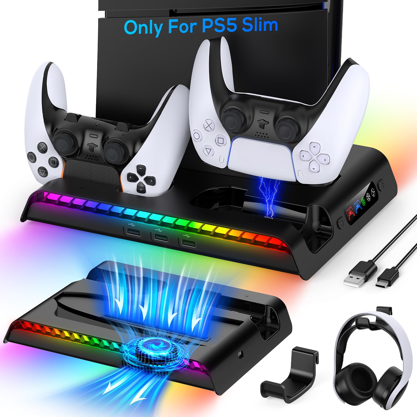 FYOUNG Vertical Stand for PS5 Slim with Cooling Fan & Controller Charging Station, Multifunctional Cooling Stand for Playstation 5 Slim Accessories with 9 RGB Lights (Black) - Perfect for Gaming Setup and Console Protection