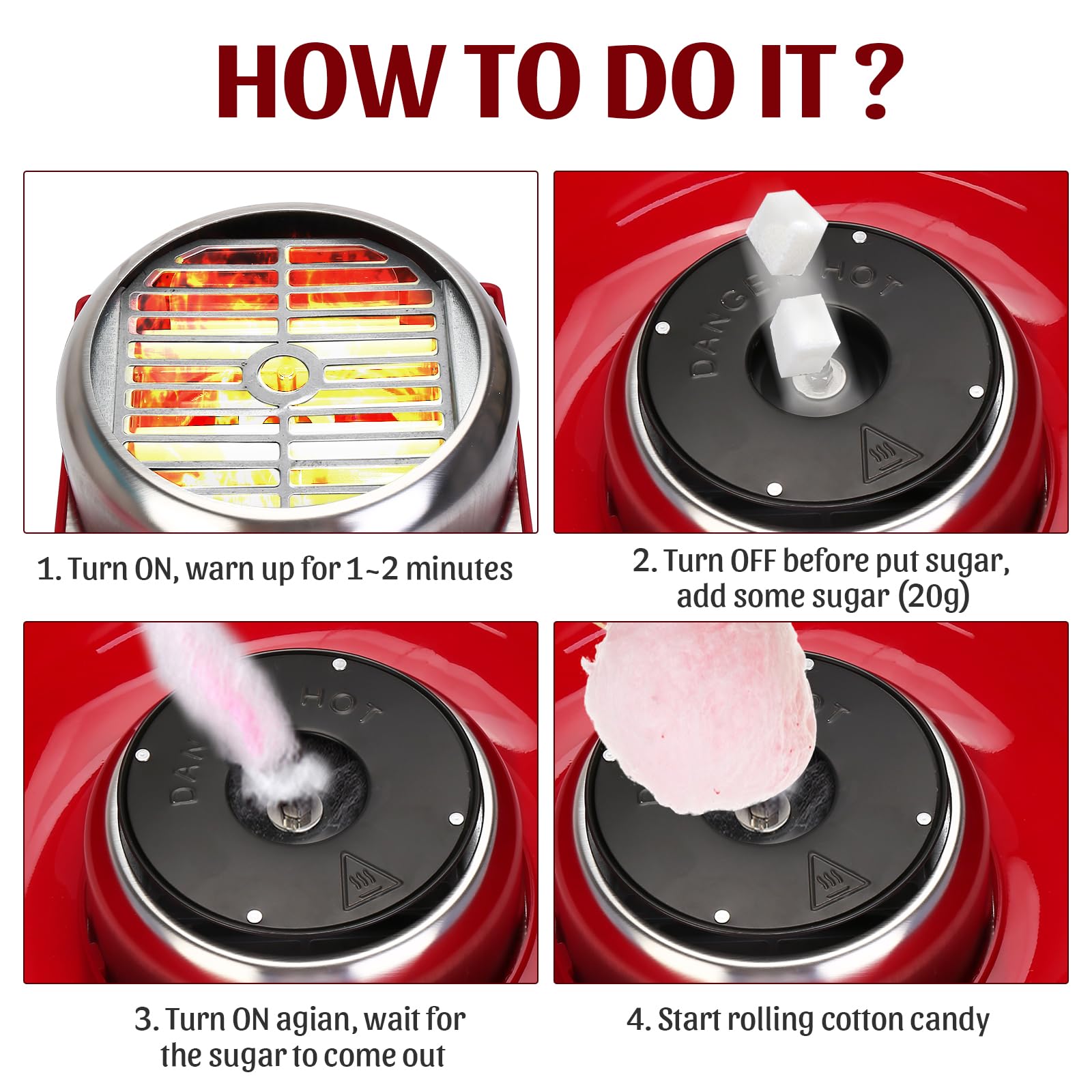 Mini Electric Cotton Candy Maker Machine with Sugar Scoop & Splash-Proof Plate - Portable Countertop Candy Floss Maker for Kids, Birthday Parties, Christmas, Carnivals & Home Use (Red)