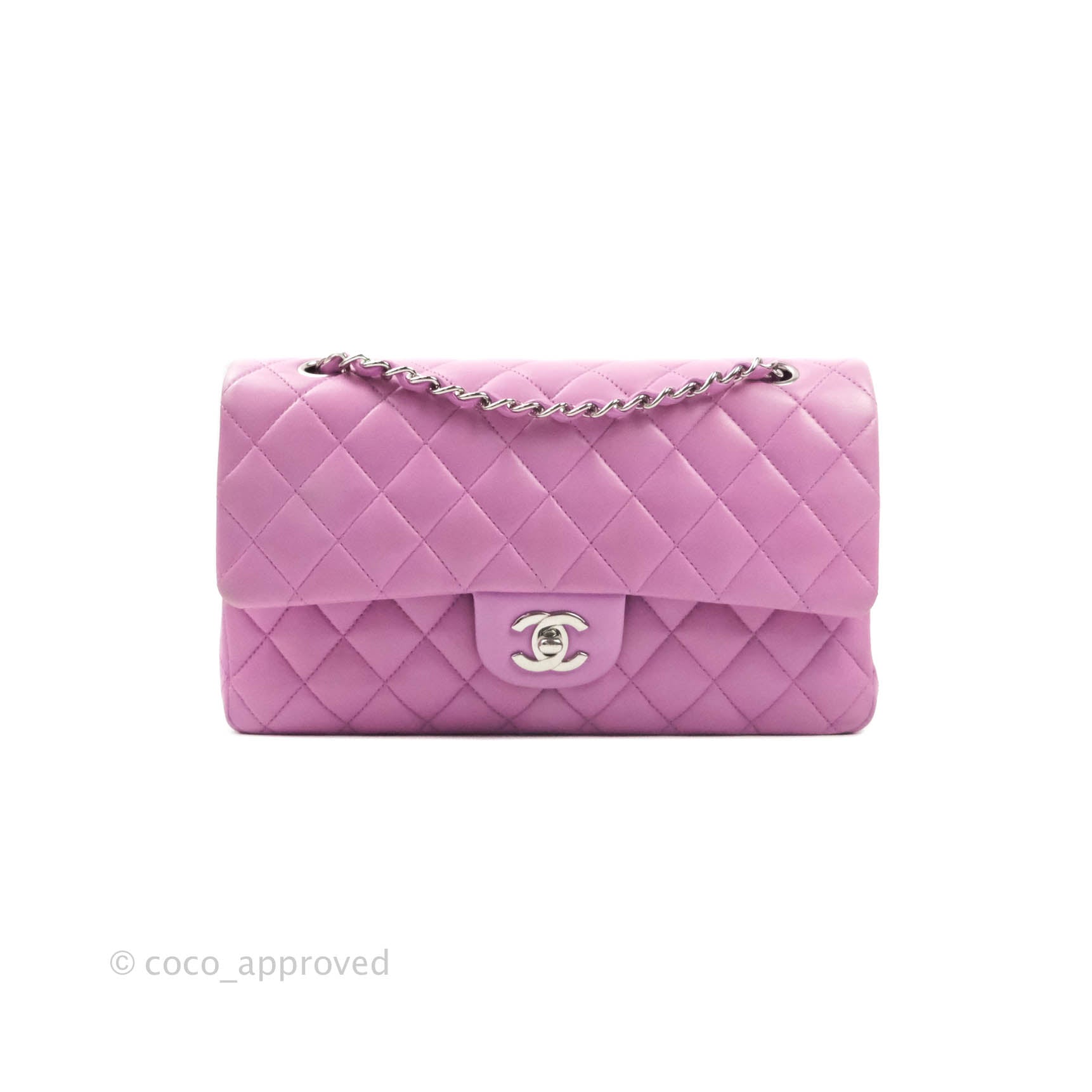 Chanel Classic M/L Medium Double Flap Bag in Purple Lambskin Leather with Silver Hardware - Luxury Handbag for Women, Perfect for Evening Events & Special Occasions
