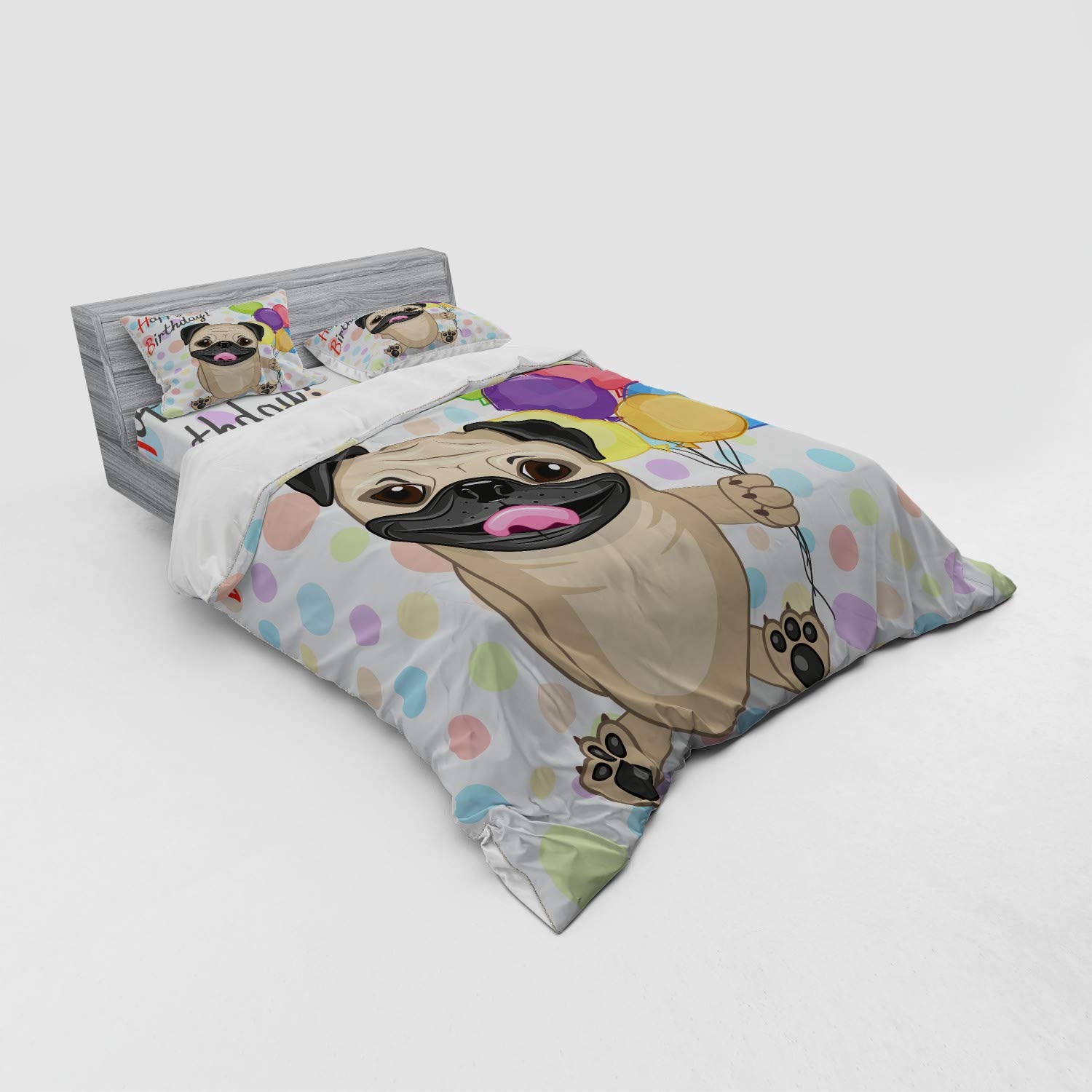 Ambesonne 4-Piece Queen Size Dog Themed Duvet Cover Set - Cute Smiling Pug with Balloons Birthday Bedding Collection (Duvet Cover + 2 Shams + Fitted Sheet) | Fun Animal Print Home Decor for Dog Lovers | Perfect for Birthday Gifts, Kids Rooms & Pet-Themed Bedrooms