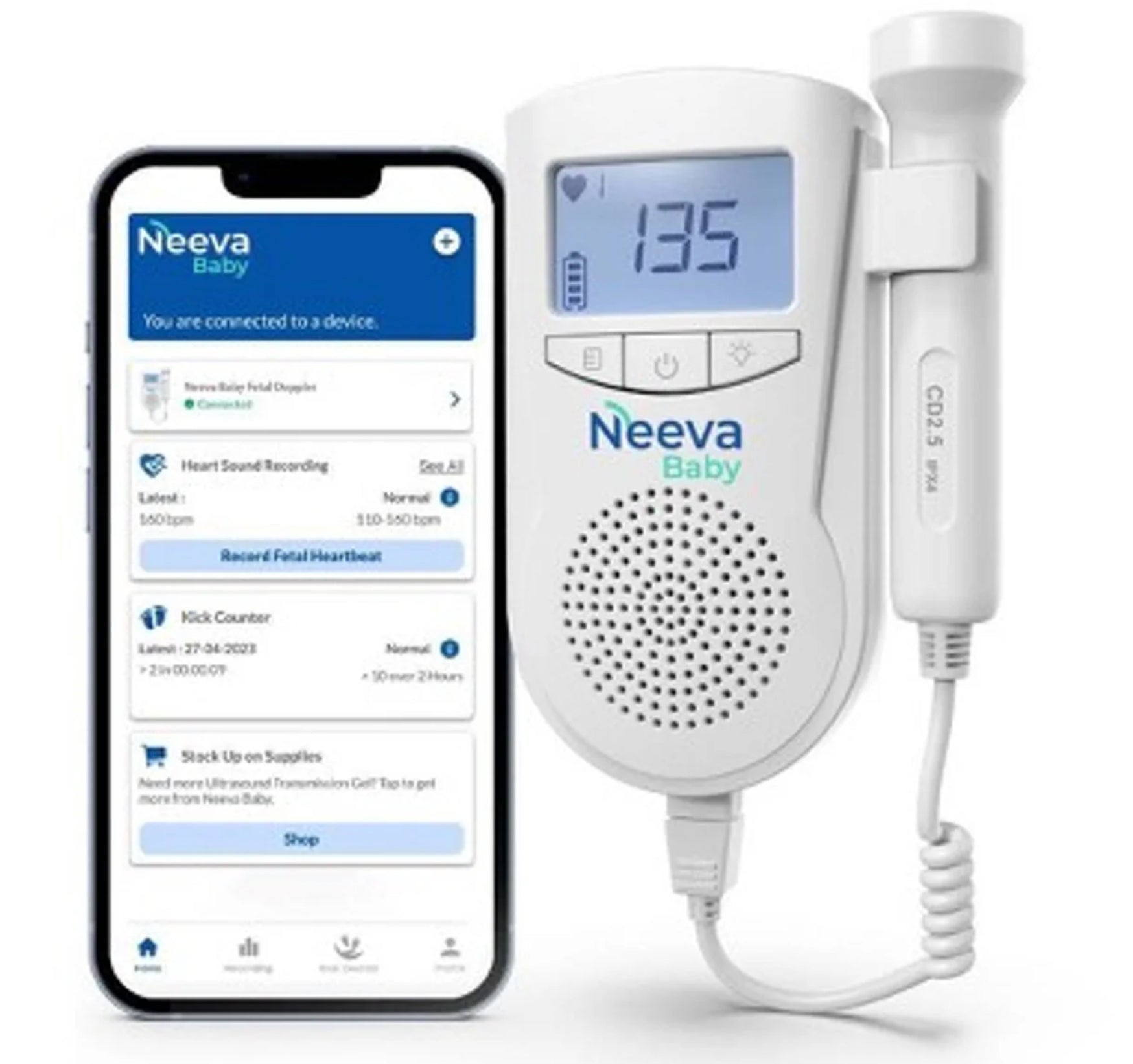NEEVA BABY Fetal Doppler - Portable Baby Heartbeat Monitor for Pregnancy - At-Home Use for Expecting Moms, Doctors & Midwives