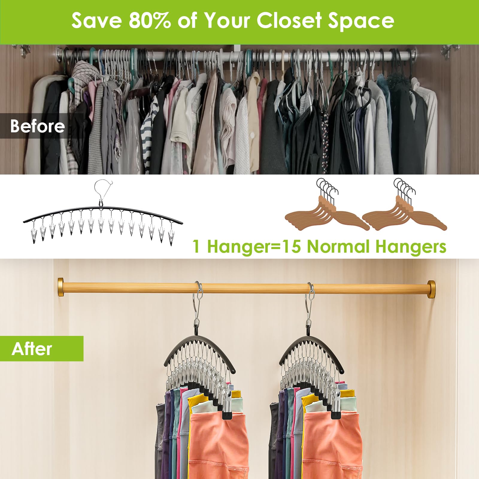 Feverdes 6-Pack Black Metal Pants Hangers with Rubber Coated Clips - Space Saving Closet Organizer for Leggings, Jeans, Skirts - Perfect for Wardrobe Storage and Closet Organization
