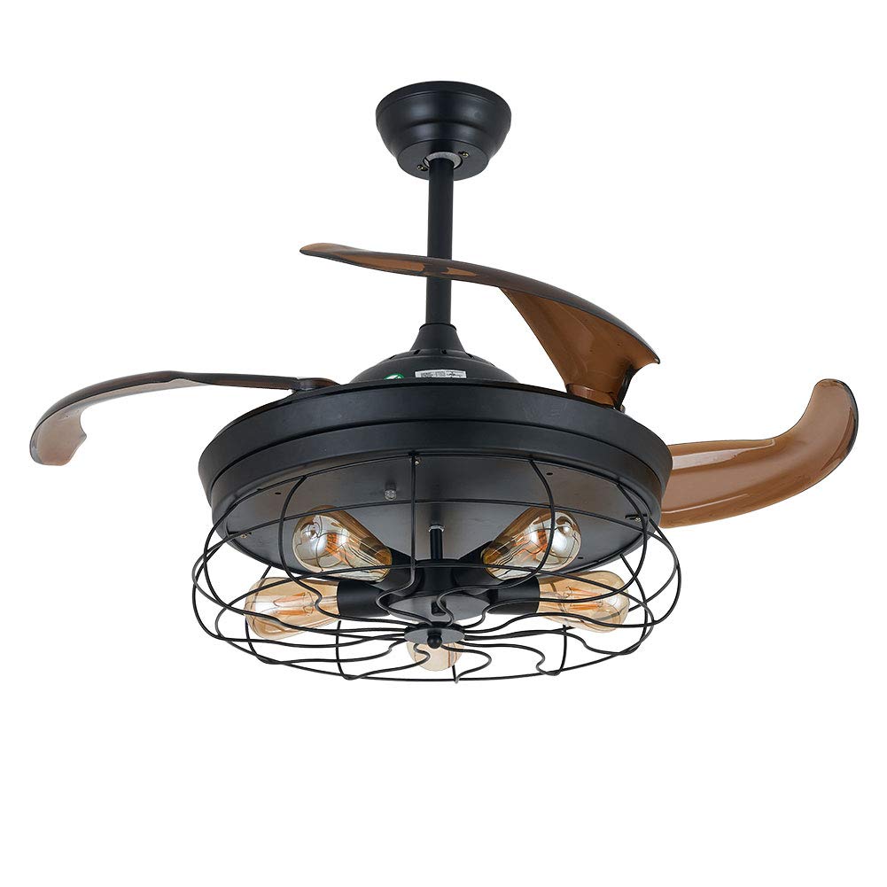 36 Inch Vintage Industrial Ceiling Fan with Lights - 4 Retractable Blades & 5 Edison Bulbs (Bulbs Not Included) - Remote Control & Metal Cage - Black - Perfect for Farmhouse, Loft and Industrial Style Home Decor