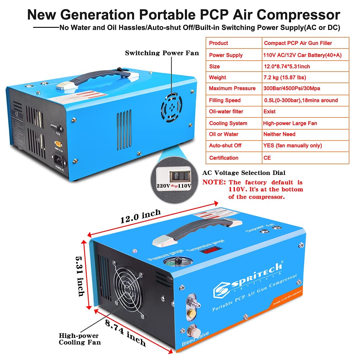 High-Pressure PCP Air Compressor 4500PSI/30MPA - Oil-Free & Water-Free with Auto-Shutoff, Built-in Power Adapter (110V AC/12V DC) - Perfect for Paintball, Airsoft & Air Gun Refilling - Includes Water/Oil Separator for Clean Air Supply