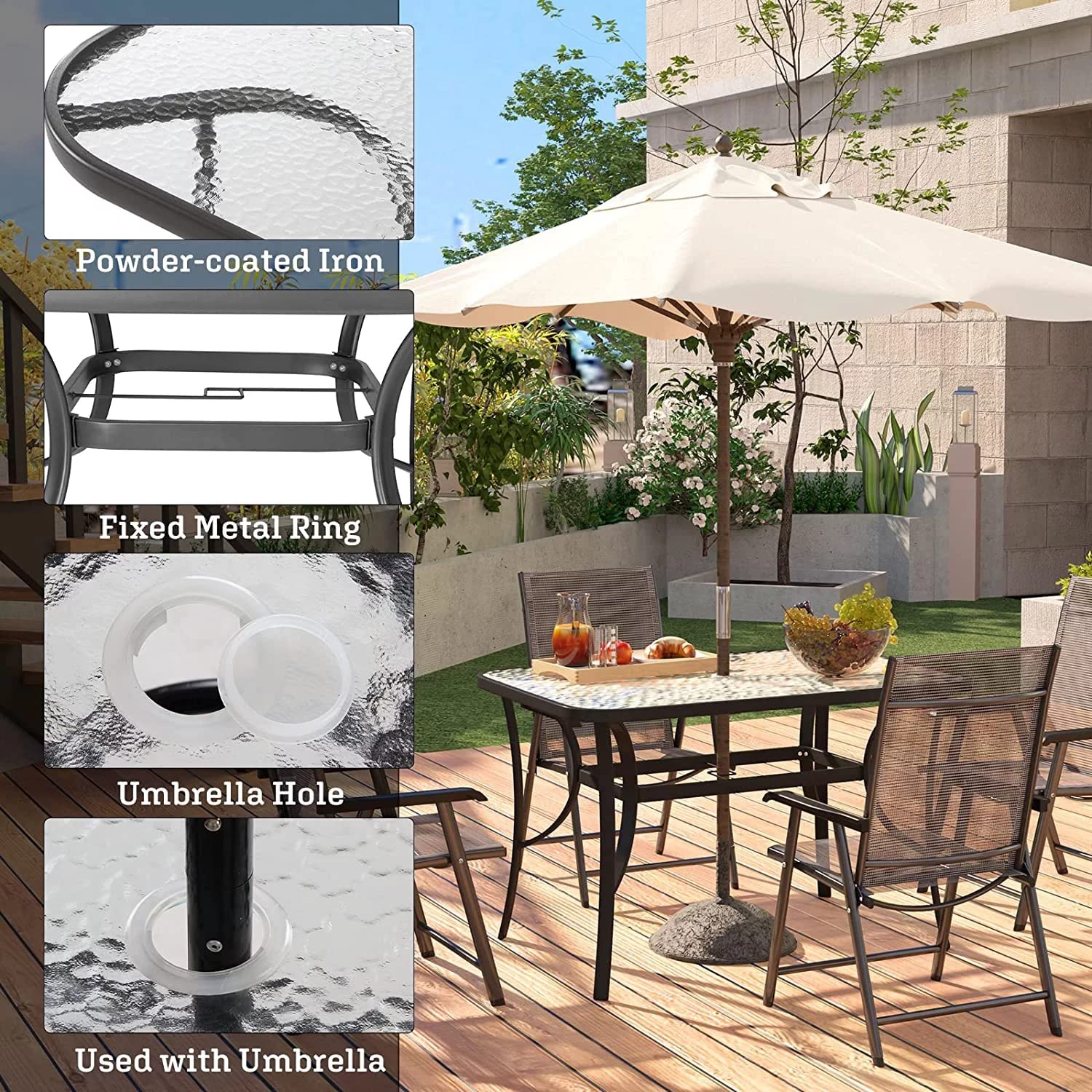SogesPower 47 Inch Outdoor Tempered Glass Patio Dining Table with Umbrella Hole - Weatherproof Steel Frame, Black - Perfect for Backyard, Garden, Poolside & Outdoor Entertaining