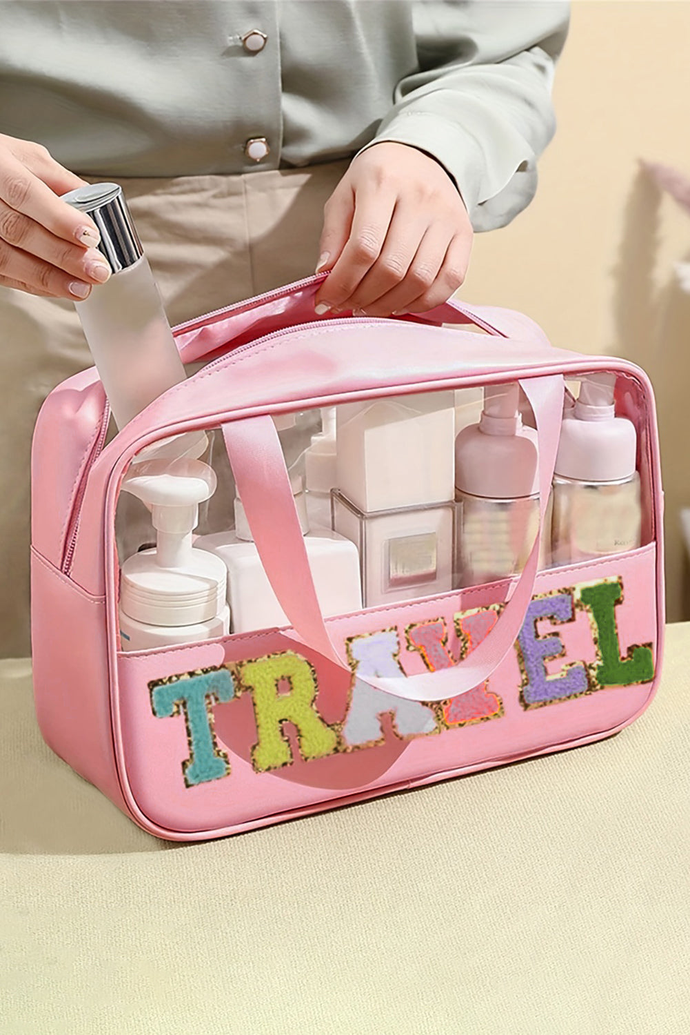 Stylish Chenille Letter Clear PVC Makeup Bag for Travel - Perfect Cosmetic Organizer for Vacation, Gym & Daily Essentials
