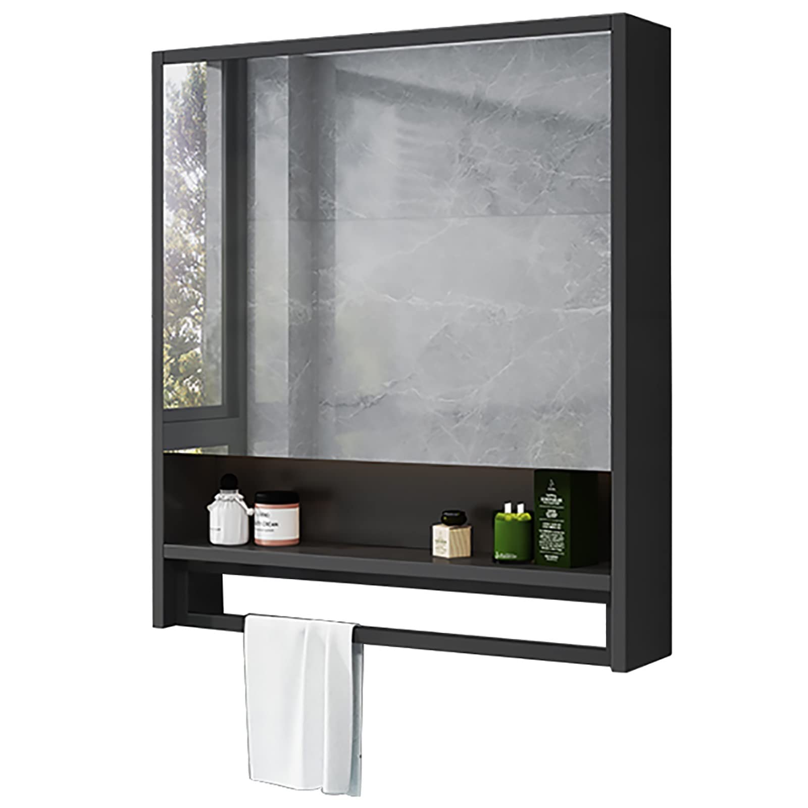 Wall Mount Bathroom Mirror Cabinet with Towel Bar & Shelf - 23.5x31.4 Inch Medicine Storage Cabinet for Bathroom, Bedroom, Hallway - Space Saving Black Bathroom Organizer (Perfect for Small Bathrooms & Vanity Areas)
