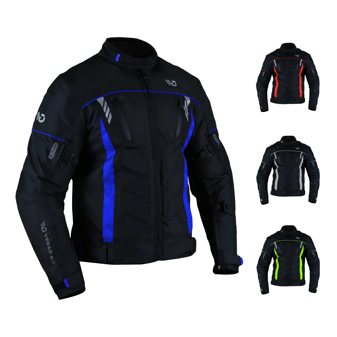 WD Men's CE Armored Motorcycle Jacket - Breathable Cordura Fabric with Padding & Reflective Strips for Night Visibility - Vegas 2.0 Protective Gear for Powersports (Blue, 4X-Large) - Ideal for Street Riding, Commuting & Adventure Touring