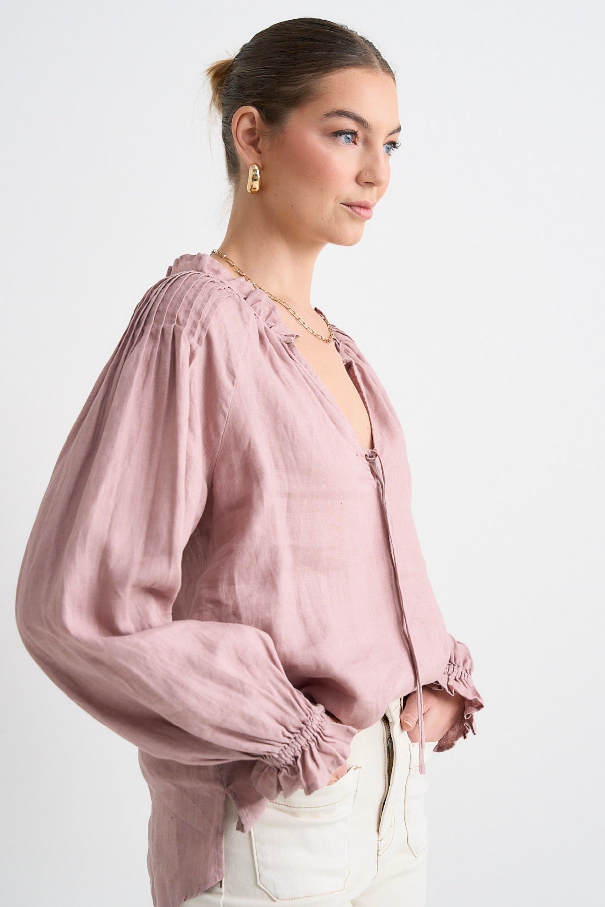 Birch Pink Clay Linen Pintuck Shoulder Tie Neck Top - Women's Elegant Blouse for Casual Wear, Office & Date Night Outfits