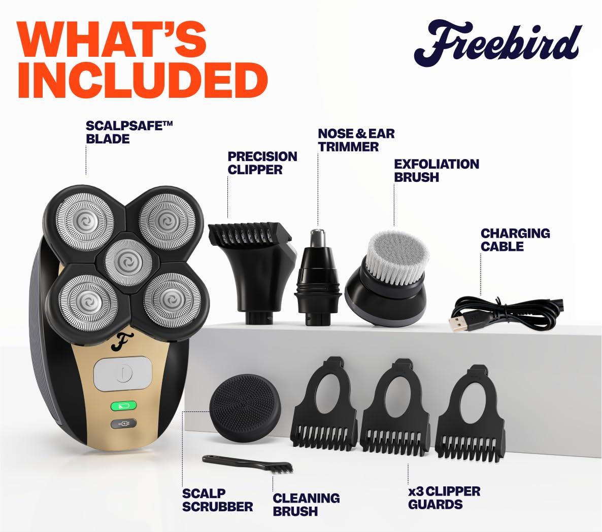 Freebird FlexSeries™ Electric Head Shaver with 5 Flexible Blades - Water-Resistant USB Rechargeable Shaver for Men & Women, Includes 2 Blade Refills - Perfect for Bald Head Shaving at Home or Travel