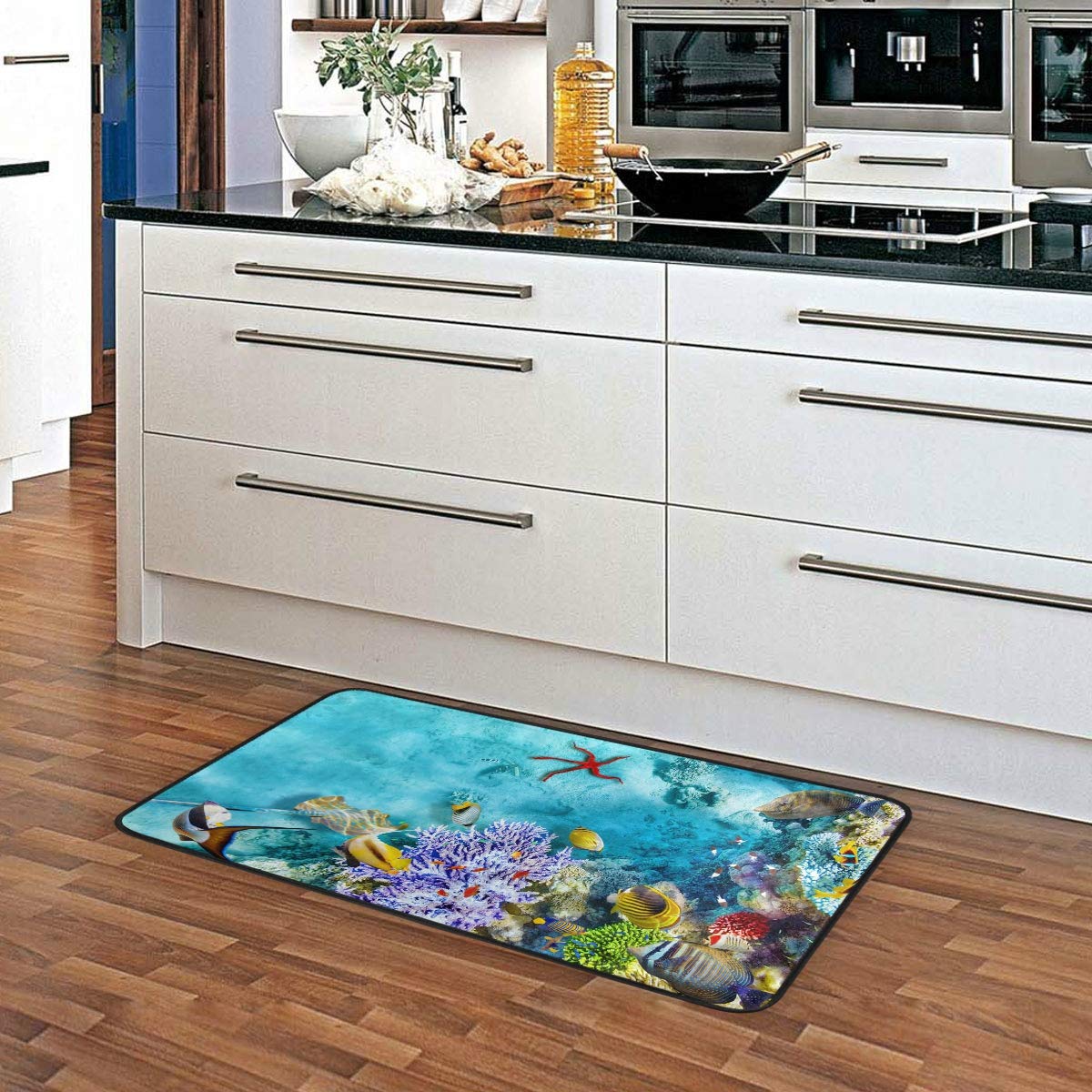 Susiyo Non-Slip Kitchen Mat - Underwater World Tropical Fish Design, Anti-Fatigue Comfort Floor Mat, Oil & Stain Resistant, Easy Clean Bath Rug for Indoor/Outdoor Use - Perfect for Kitchens, Bathrooms & Entryways