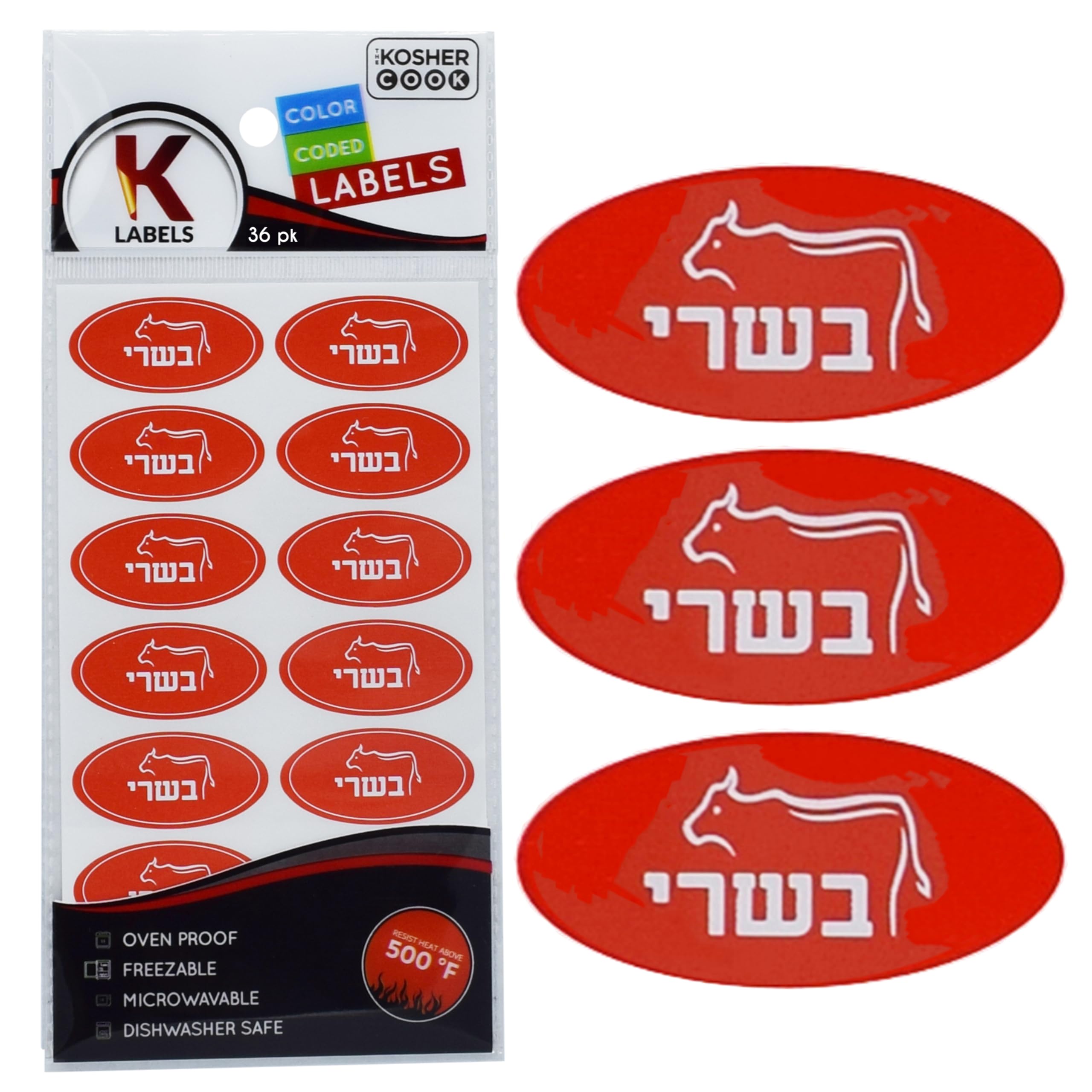 36 Kosher Meat Labels - Oven Safe up to 500°F, Freezer & Microwave Safe, Dishwasher Proof, Hebrew Lettering, Color-Coded Kitchen Stickers for Food Storage & Meal Prep by The Kosher Cook - Perfect for Kosher Kitchens, Meal Organization & Pantry Labeling