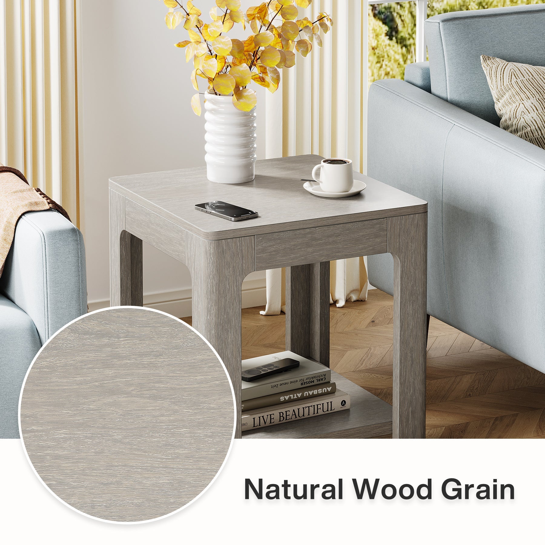 21.6 Inch 2-Tier Square End Table with Storage Shelf - Modern Nightstand for Bedroom, Living Room & Office - Sturdy Side Table for Small Spaces, Home Decor & Organization