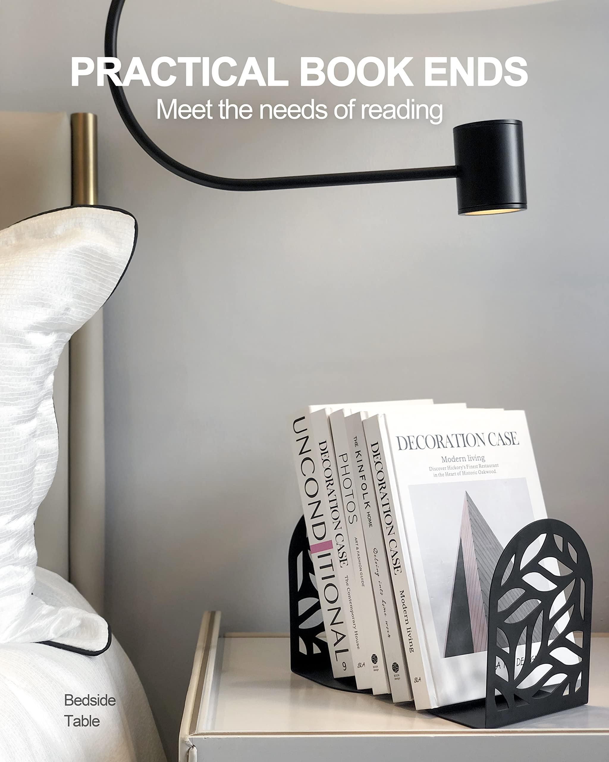 Heavy Duty Metal Bookends - Non-Skid Decorative Book Stoppers for Shelves | Holds Heavy Books Securely | Perfect for Home Office School Library Organization (Black, 1 Pair, Large) | Ideal for Bookshelves, Desks & Study Spaces