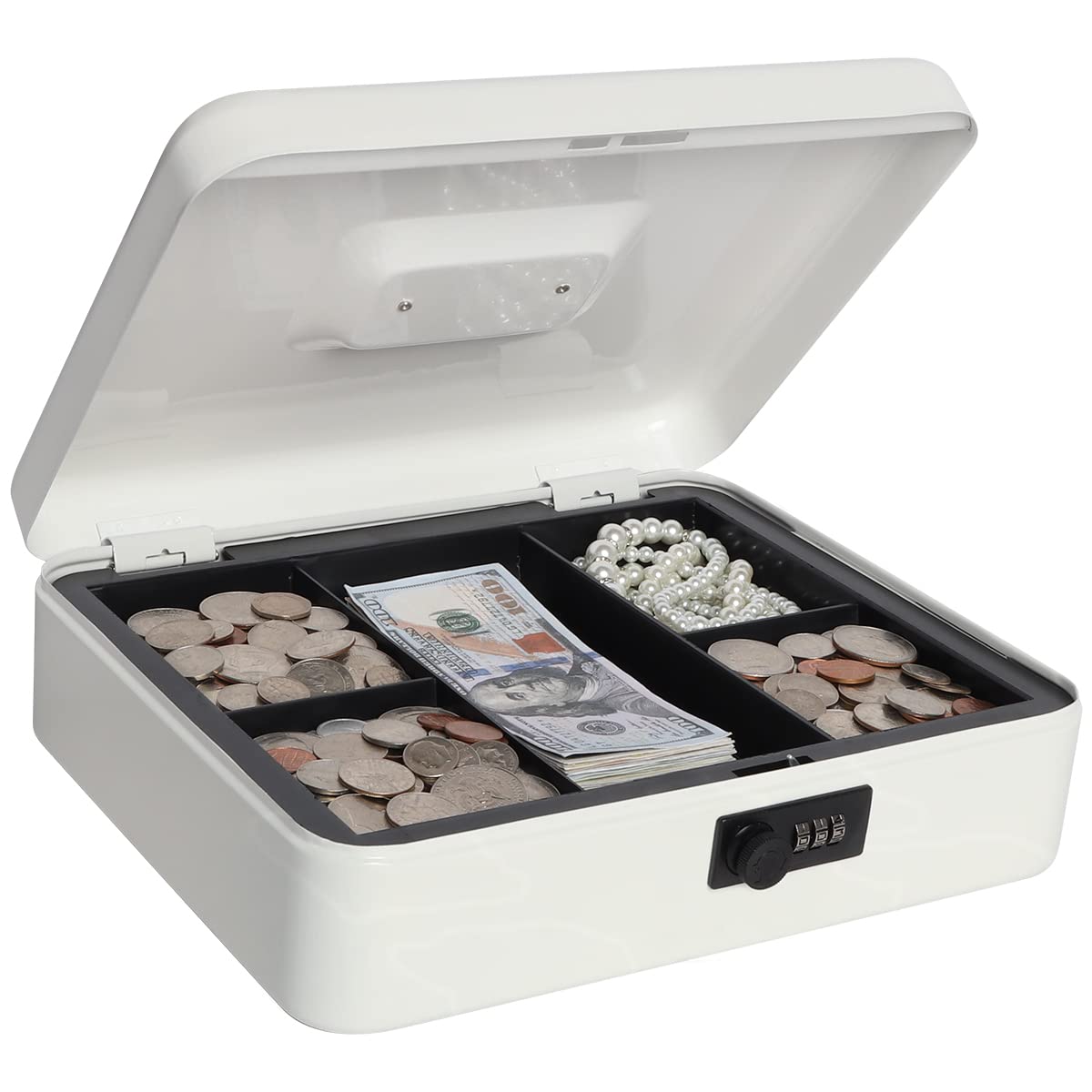 Large Metal Cash Box with Combination Lock - Secure Money Storage Box with Money Tray (11.8 x 9.5 x 3.54 Inches, White) - Perfect for Home, Office, Retail Stores & Small Business Cash Management