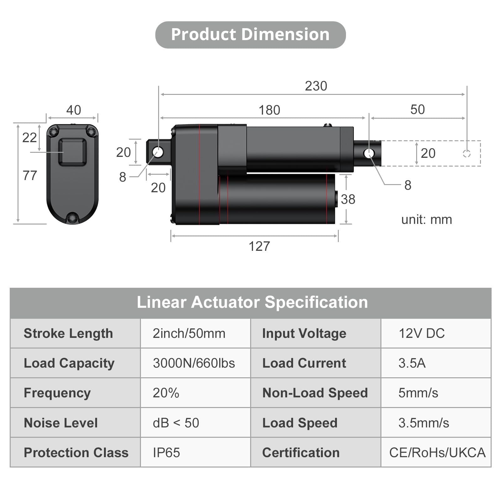 Justech 50mm 2inch Heavy Duty Linear Actuator Motor, 3000N 660LBS Stroke, 12V DC Linear Motion Actuator for Electric Beds, Sofa Recliners, Industrial Lifting Systems - Black (3000N 50mm) | Perfect for Home Automation, Medical Equipment & DIY Projects