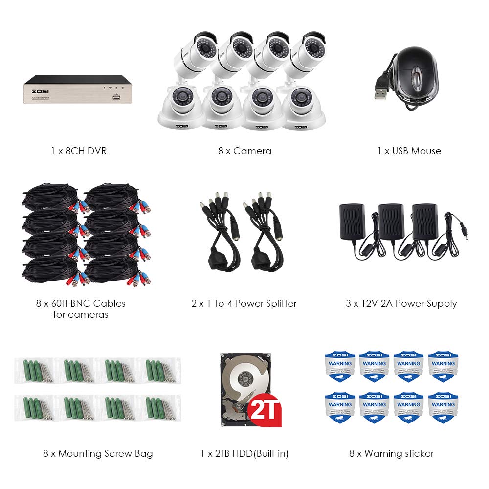 ZOSI 8CH 1080P Outdoor Security Camera System with 2TB HDD, 8 Channel CCTV DVR & 8x 1920TVL HD Surveillance Cameras - Night Vision, Motion Detection, Remote Viewing for Home & Business Protection