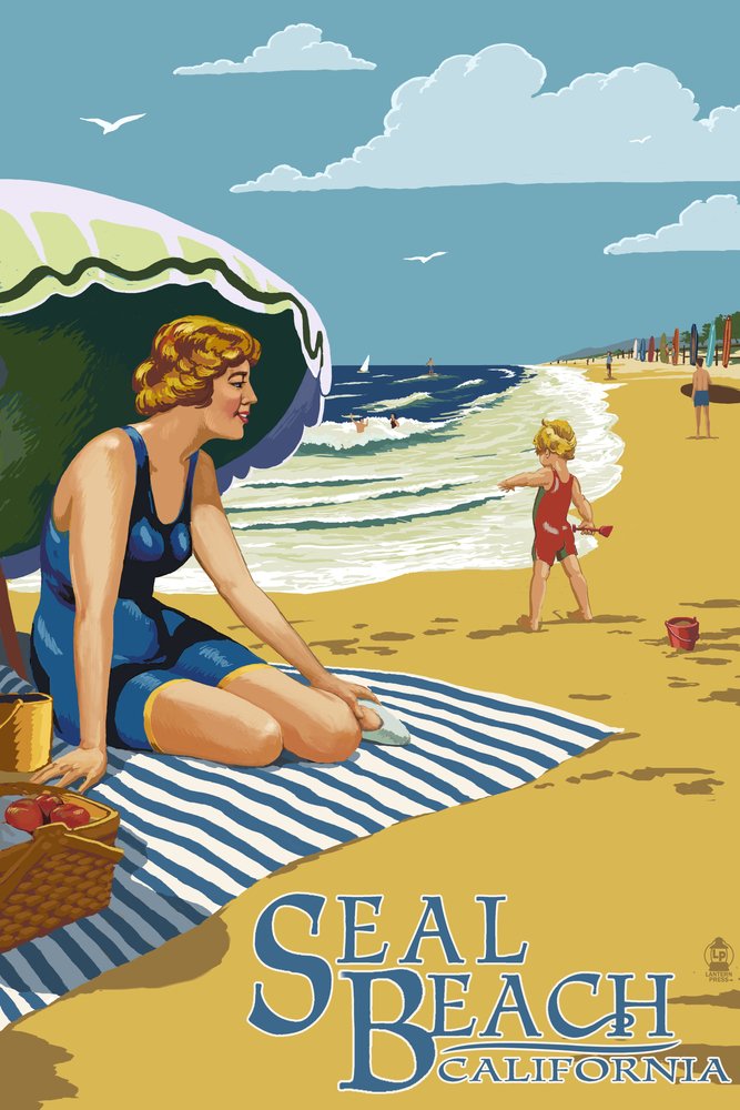 Seal Beach California Woman on the Beach - 16x24 Gallery Quality Metal Art, Aluminum Wall Decor for Living Room, Bedroom, or Office