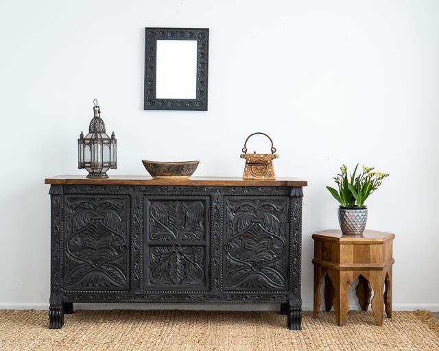 Exquisite Hand-Carved Maharaja Charcoal Wooden Sideboard - Vintage Indian Furniture for Living Room, Dining Room & Home Decor