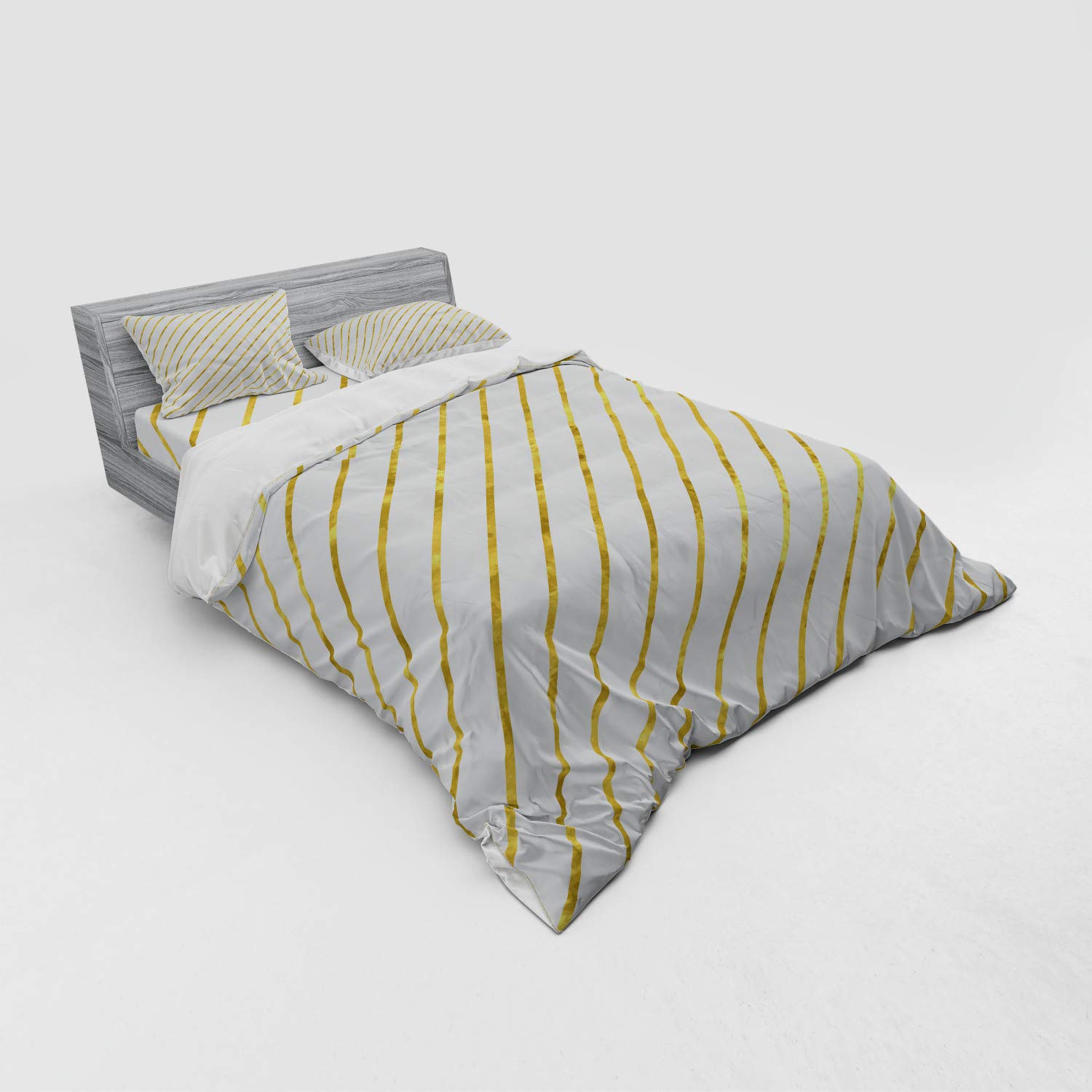 Ambesonne Striped Duvet Cover Set - Modern Geometric Diagonal Lines Abstract Design, 4-Piece Queen Size Bedding Set with Shams & Fitted Sheet in White & Yellow | Perfect for Contemporary Bedrooms, Guest Rooms & Dorm Decor