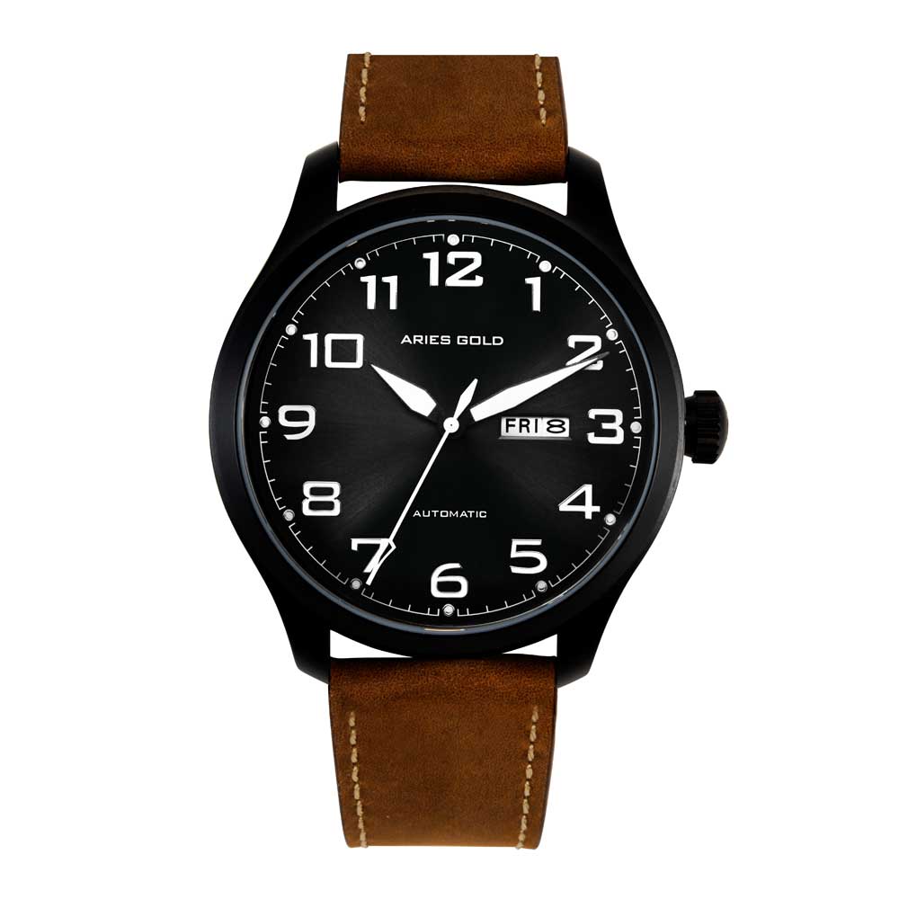 ARIES GOLD Automatic Men's Watch - Black Stainless Steel Case with Brown Leather Strap (Model G 9017 BK) | Luxury Dress Watch for Business, Formal Occasions & Everyday Wear