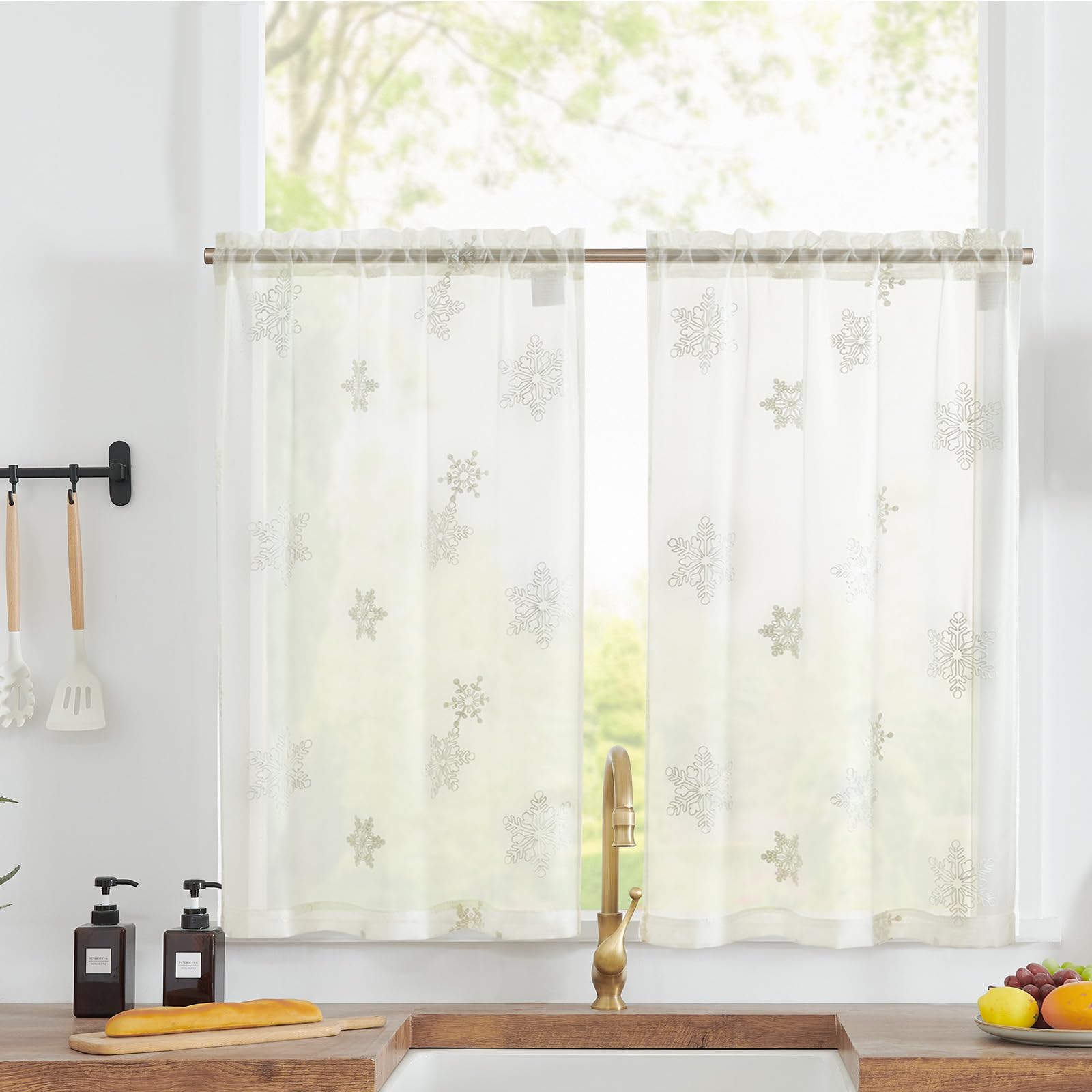 Jinchan White Sheer Curtains 24 Inch - Snowflake Embroidered Voile Tier Drapes for Kitchen, Bathroom, Bedroom & RV - Winter Holiday Decor with Rod Pocket (2 Panels) - Perfect for Small Windows, Cafe Style & Seasonal Home Decor