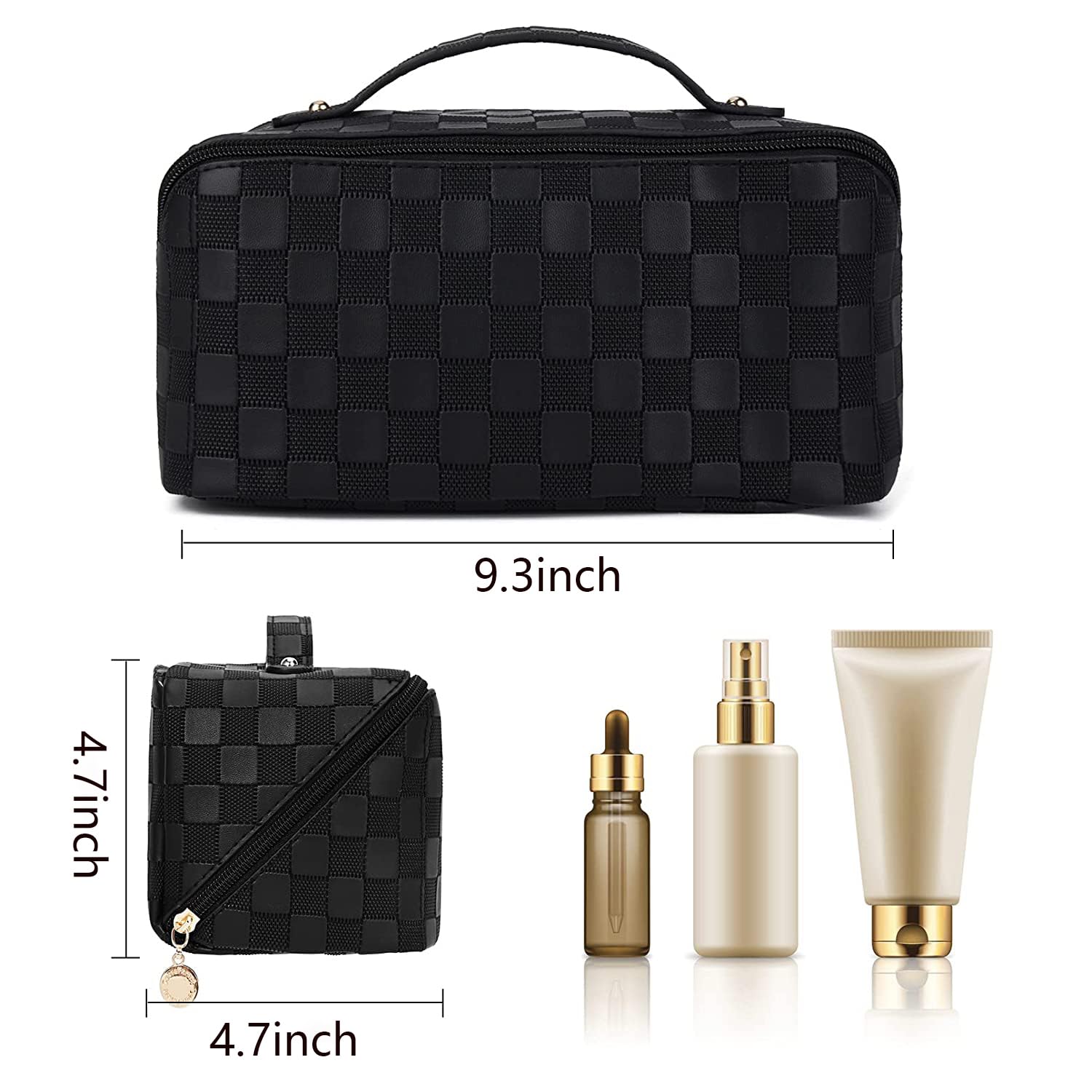 Large Capacity Waterproof PU Leather Travel Makeup Bag with Handle & Divider - Portable Cosmetic Organizer for Women, Checkered Design (Black) | Perfect for Vacation, Business Trips & Daily Use