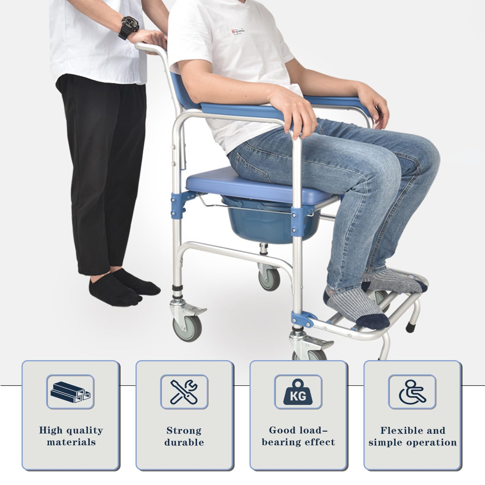 Foldable Aluminum Shower Chair with Wheels - 4-in-1 Mobile Commode & Transport Toilet Chair for Seniors & Disabled, 330LB Capacity (Blue) | Ideal for Bathroom Safety, Elderly Care & Home Healthcare