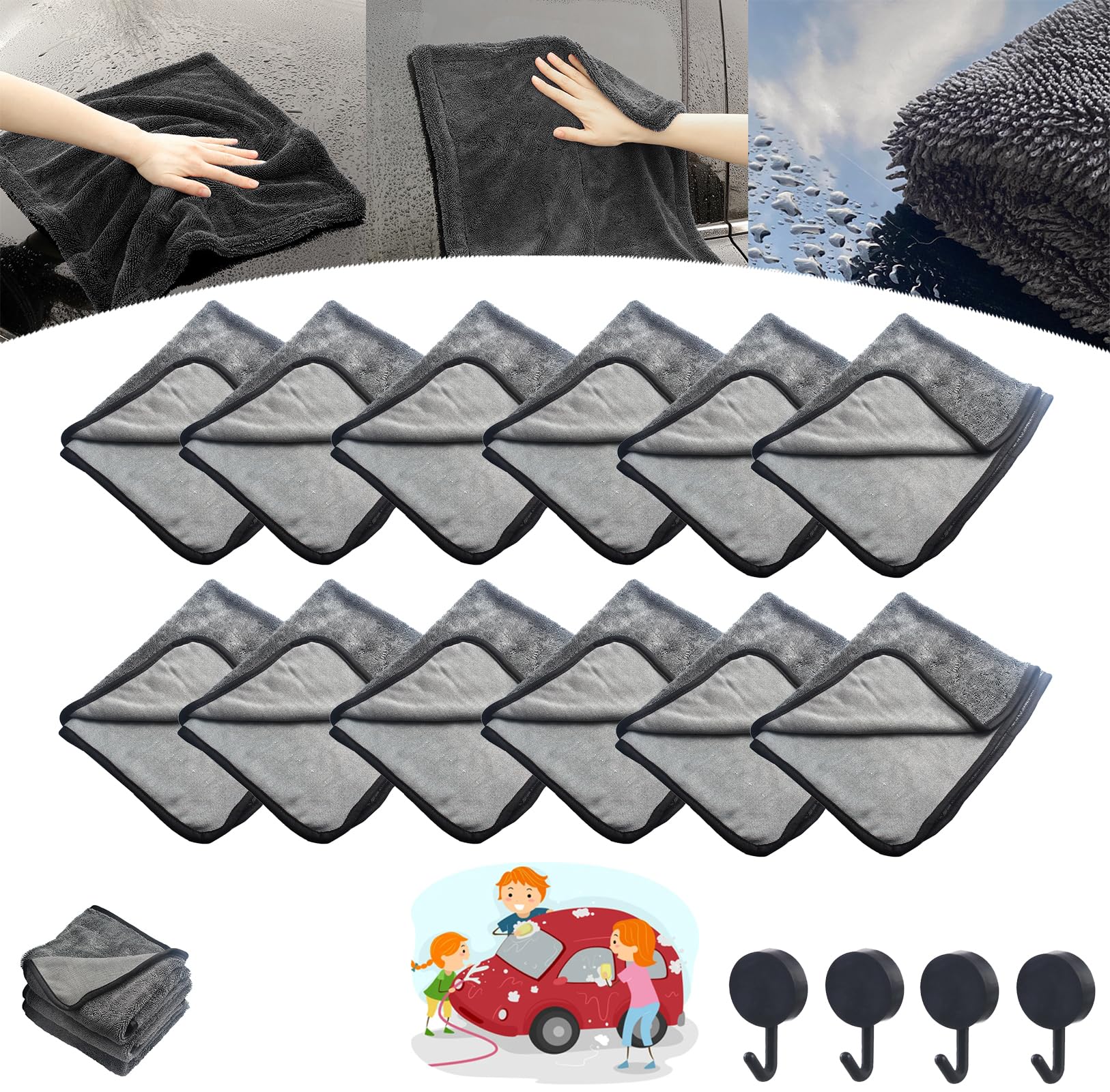 Smilamo Twist Pile Microfiber Cloth - Ultra Absorbent Reusable Car Drying Towel (12 Pack, 40cm x 60cm) for Auto Detailing, Glass Cleaning & Household Use
