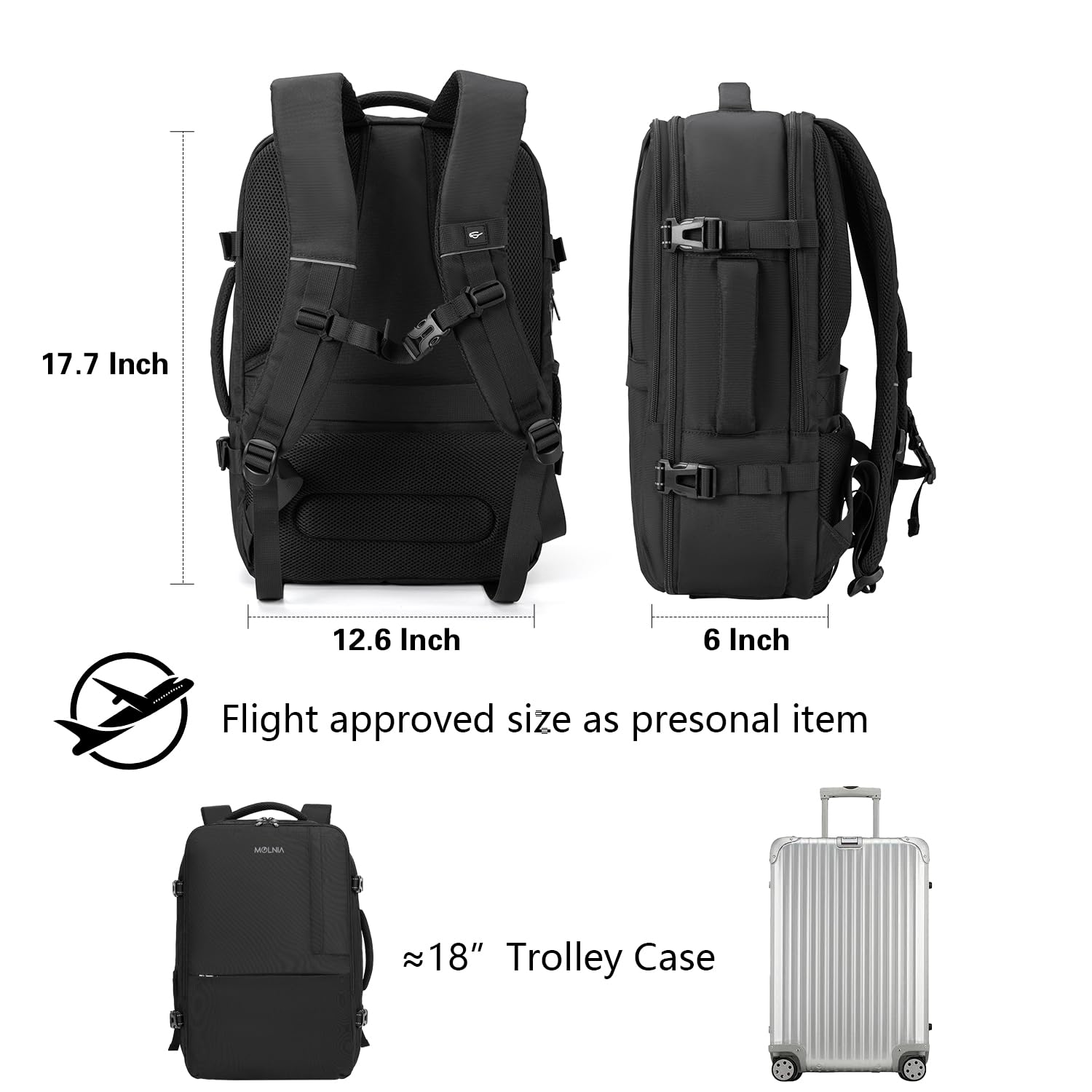 MOLNIA 17.3 Inch Large Travel Laptop Backpack - Waterproof Flight Approved Carry On Backpack for College, Work & Commuting - Convertible Men's & Women's Backpack for Air Travel, Business Trips & Daily Use