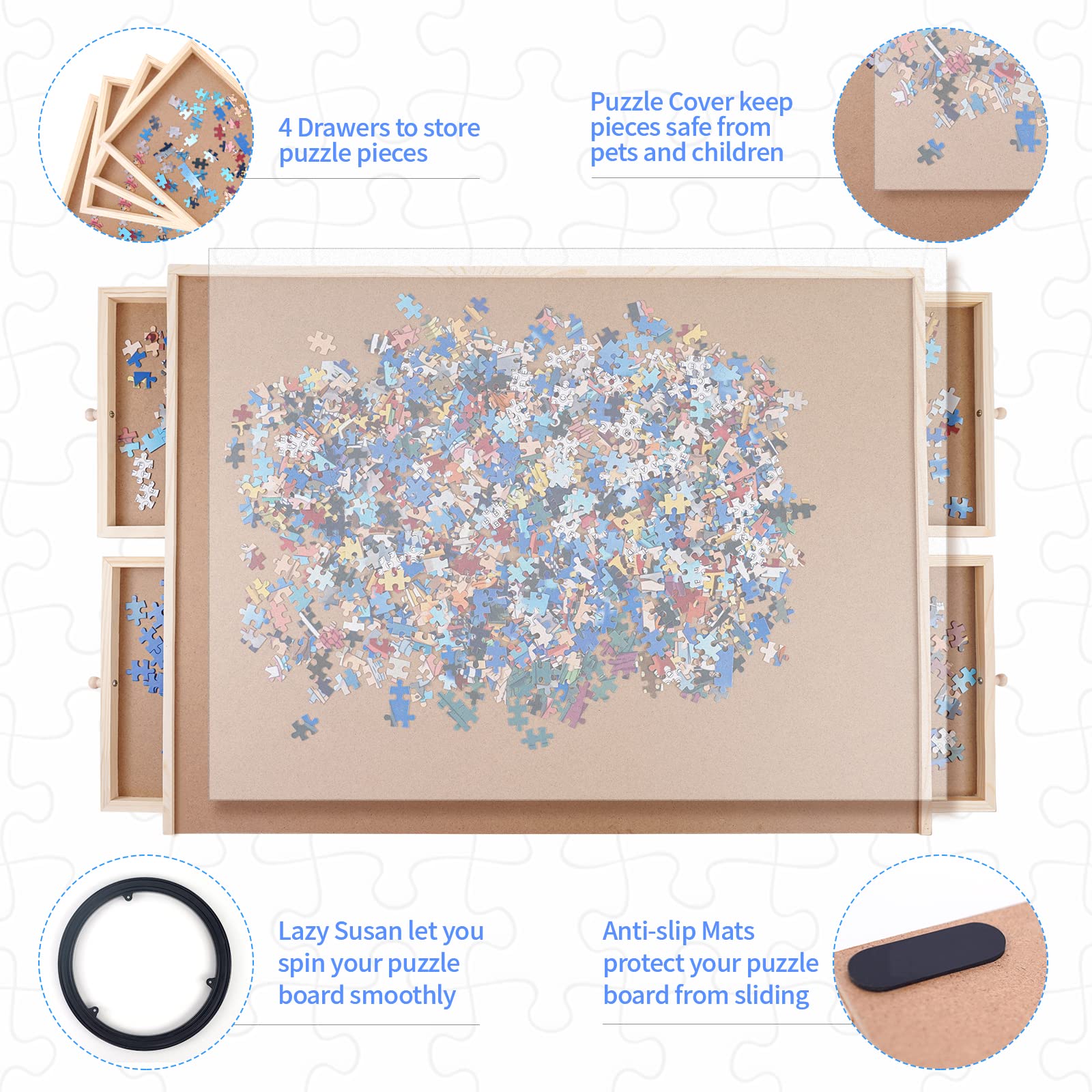 WOOD CITY 1000 Piece Wooden Jigsaw Puzzle Board with Storage Drawers - 30