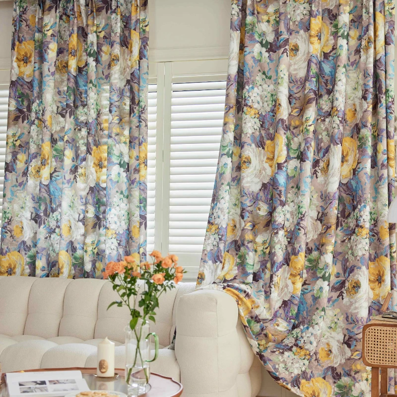 Custom French Botanical Canvas Blackout Curtains for Bedroom & Living Room - Elegant Floral Print Window Treatments for Light Blocking & Privacy