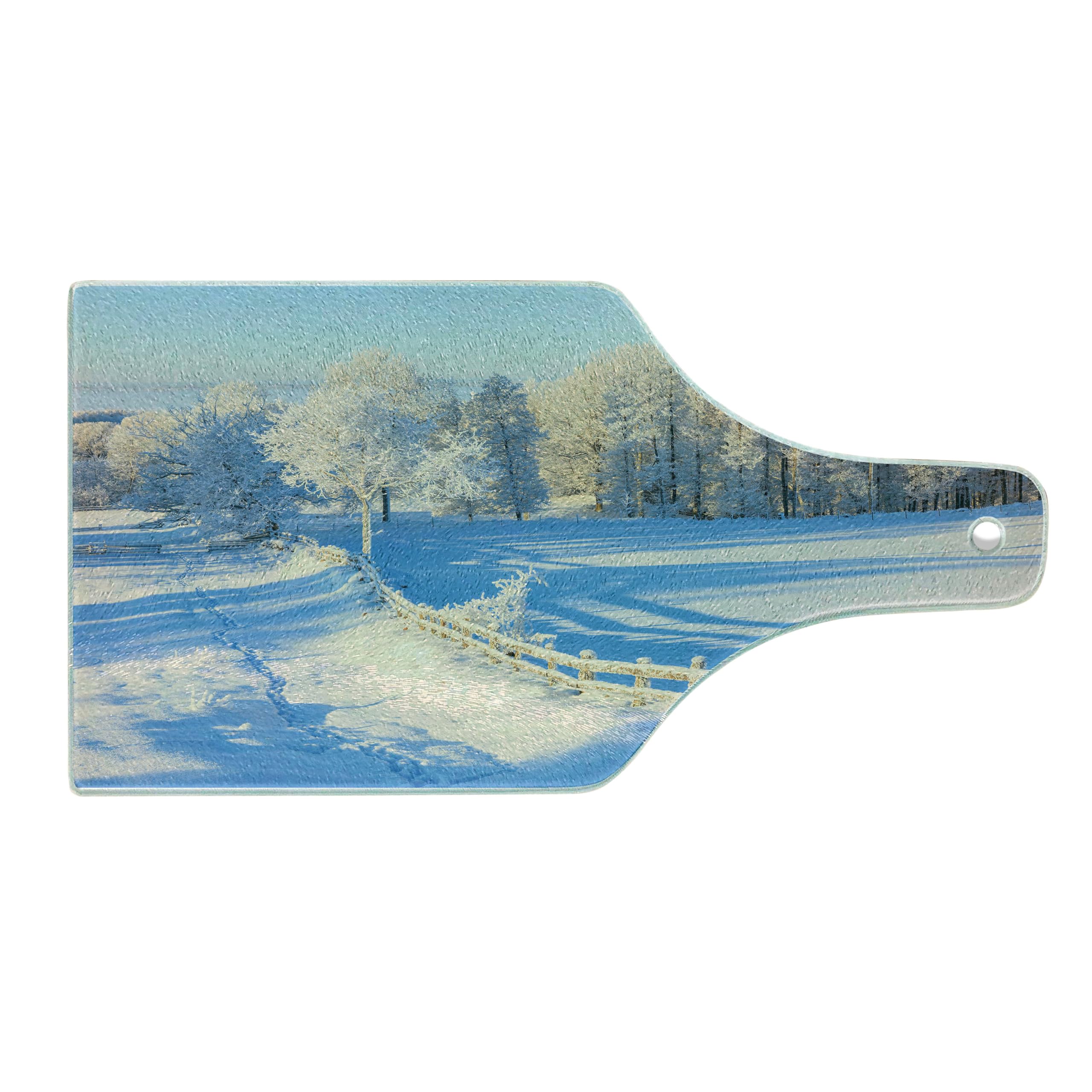 Ambesonne Farmland Tempered Glass Cutting Board - Winter Snow Valley with Oak Borders, Pine Trees & Frozen Pasture Art - Decorative Serving Board for Kitchen, Charcuterie & Wine Bottle Display - White & Blue Design for Holiday Entertaining & Home Decor