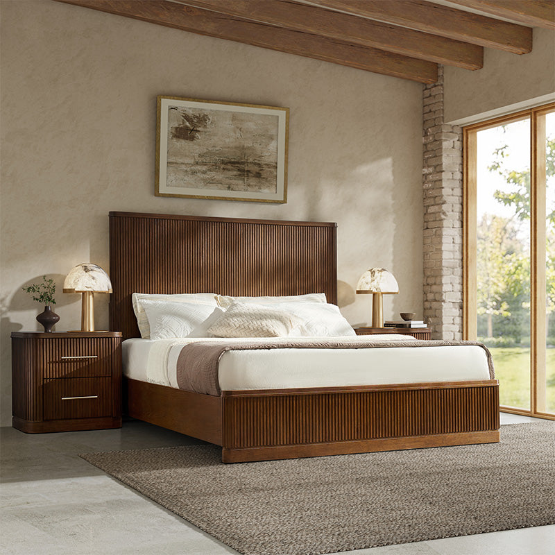 Modern Fluted Solid Wood Bed with Oak Texture – Elegant & Durable Bedroom Furniture for Home Decor | Perfect for Master Bedroom, Guest Room & Apartment