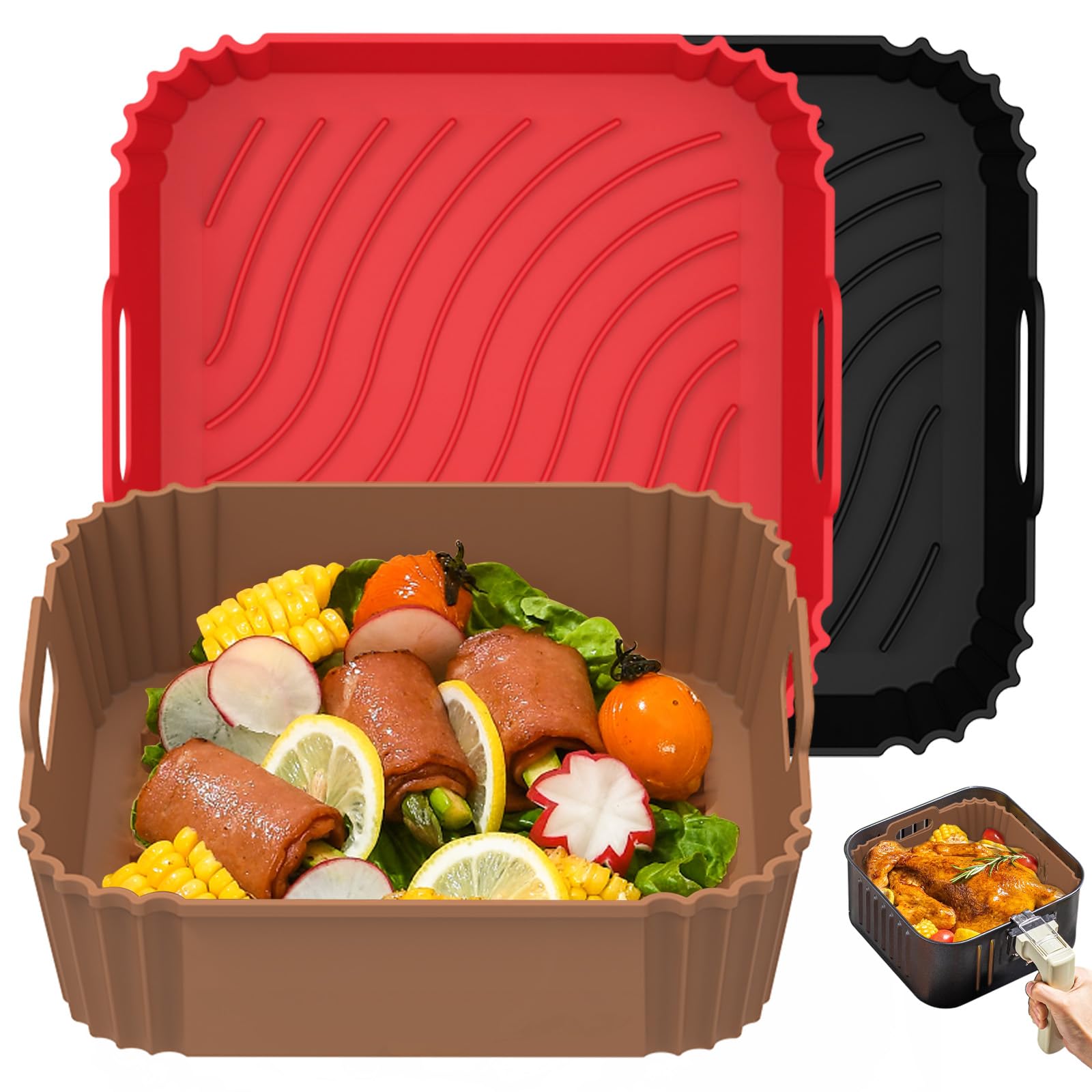 Non-Stick Silicone Air Fryer Basket Liners 7 Inch (3 Pack) - Reusable Square Liners for 4-6 QT Air Fryers, Safe Parchment Paper Replacement - Perfect for Baking, Roasting & Frying Accessories - Ideal for Healthy Cooking & Meal Prep