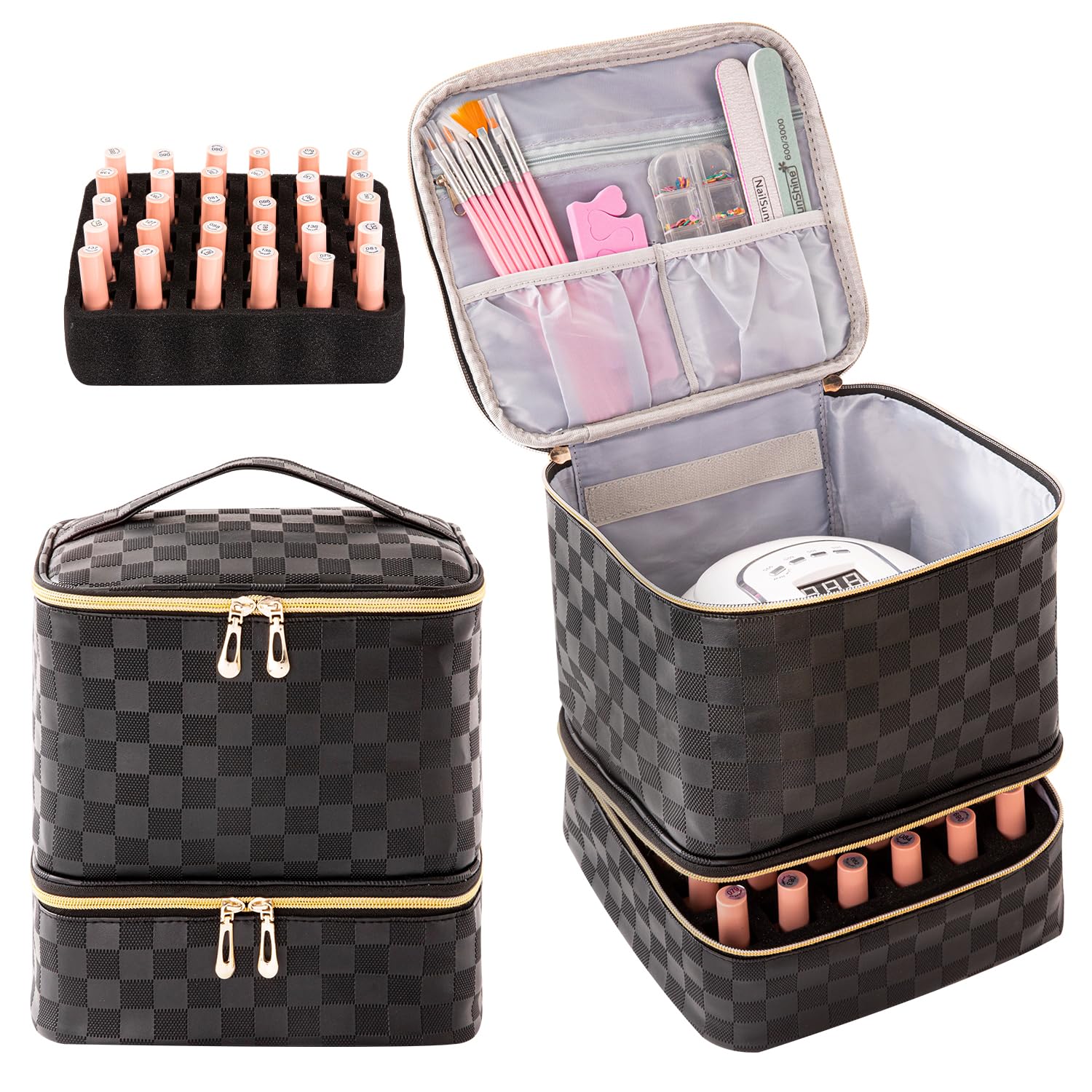 30 Bottles Nail Polish Organizer Bag with Gel Nail Lamp Holder - Portable Nail Tech Carrying Case for Manicure Professionals (Checkerboard Black) | Perfect for Salon Storage, Travel & Home Organization