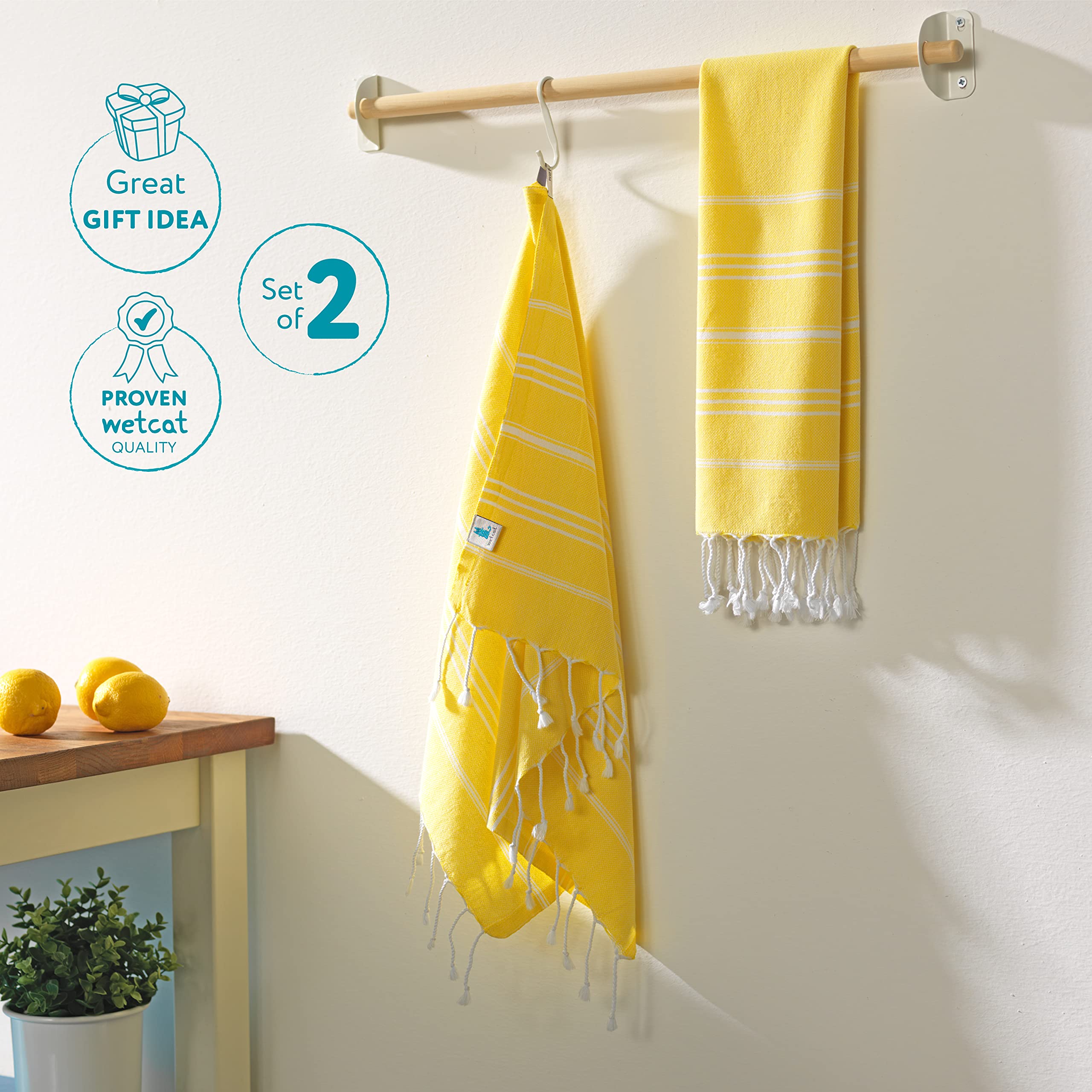 WETCAT Premium 100% Turkish Cotton Hand Towels with Hanging Loop - Set of 2 (20x30 Inches), Pre-Washed & Quick Dry - Soft Kitchen & Bathroom Towels for Dishes, Hands & Face - Yellow
