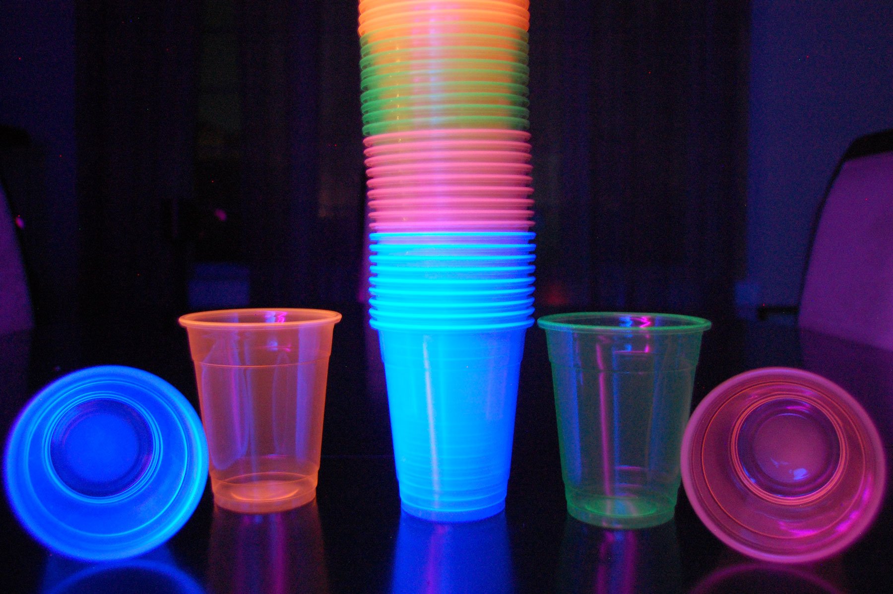 DirectGlow 12oz Neon Party Cups - Blacklight Reactive Plastic Cups (Multicolor, 40-Pack) for Glow in the Dark Parties, Raves & UV Events