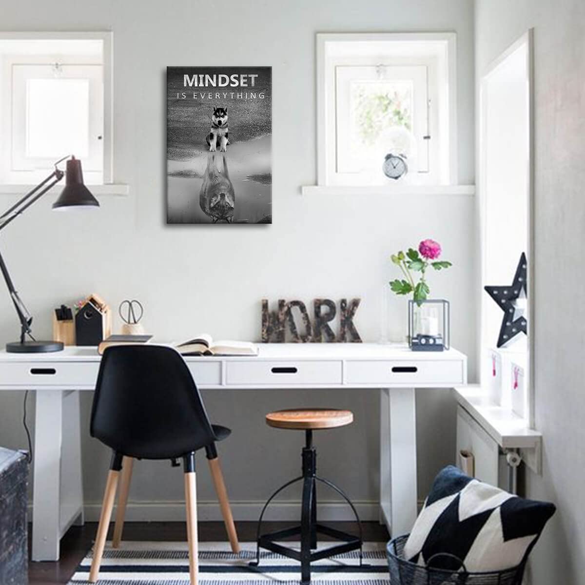 Modern Motivational Wall Art Canvas - Mindset is Everything Inspirational Office & Bedroom Decor (16x24 Inch Framed Black & White Wolf Motto Artwork) - Perfect for Home, Office & Gifts