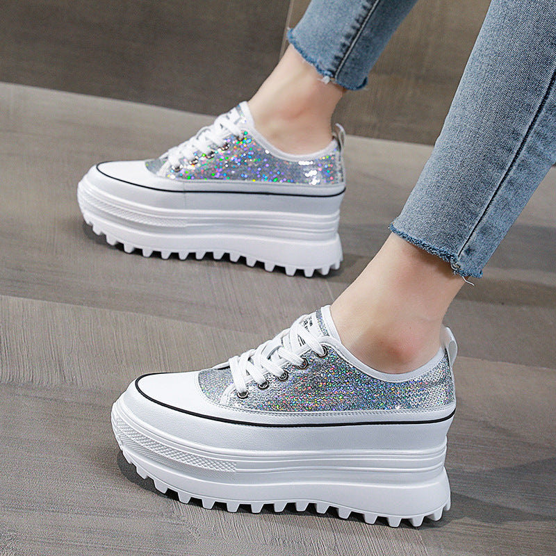 Lovevop 7Cm Women's Casual Shoes - Genuine Leather Platform Wedge Sneakers with Bling Bling for Spring & Autumn | Fashion Chunky Shoes for Daily Wear, Work & Outfits